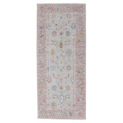 Oushak Gallery Rug with Soft Ivory Field and Accents in Light Blue 4'0 x 10'2