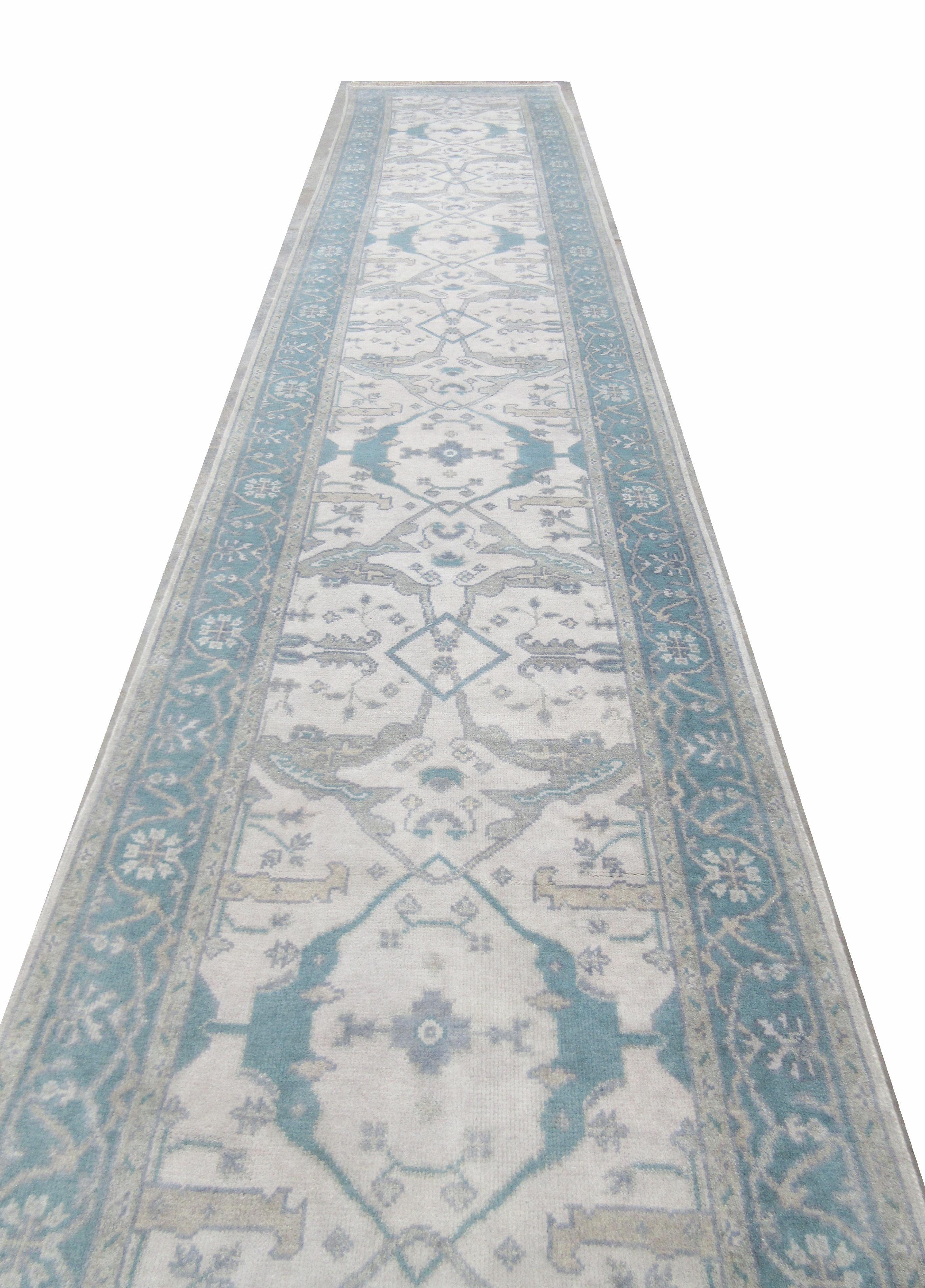 Hand-Knotted Oushak Gallery Runner For Sale