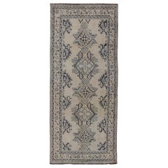 Oushak Gallery Runner in Dark Blue, Gray Blue, Taupe with Geometric Design