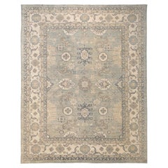 Oushak Green and Ivory Floral Designed Hand-Knotted Wool Rug 9'3''x11'8''