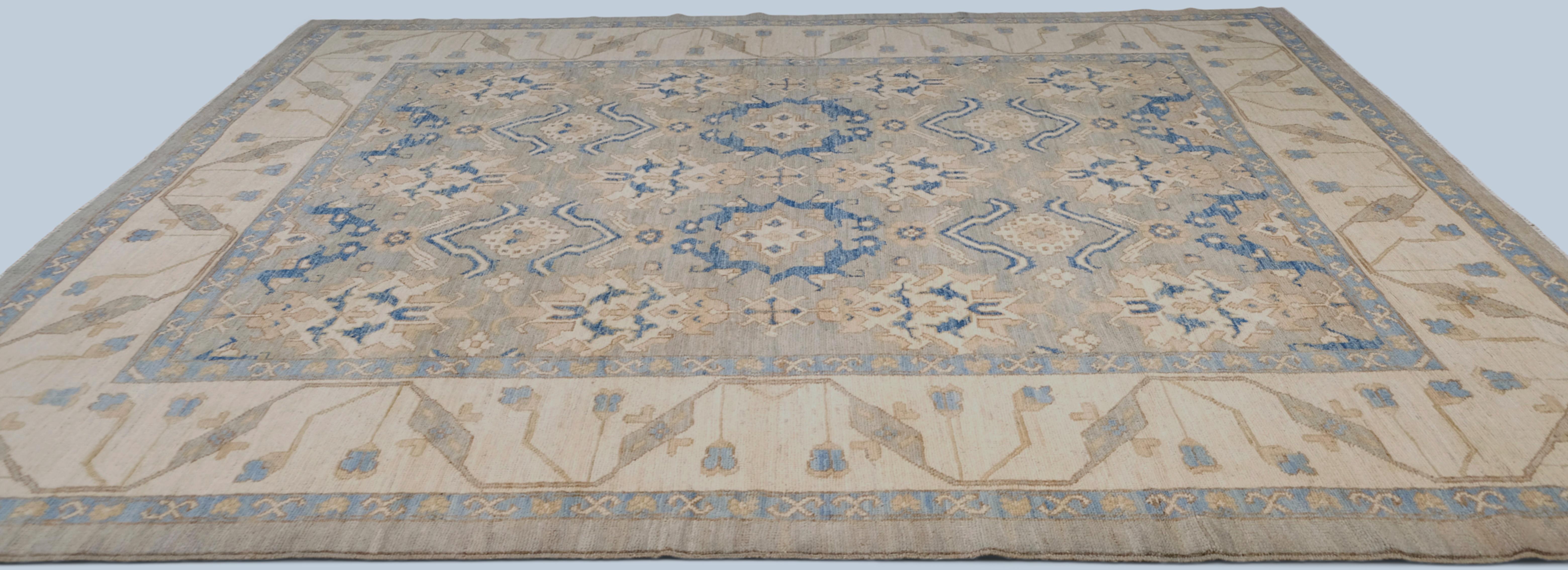 Pakistano Tappeto Oushak in lana Greene & Greene e Avorio disegnato 9'5''x11'9'' in vendita