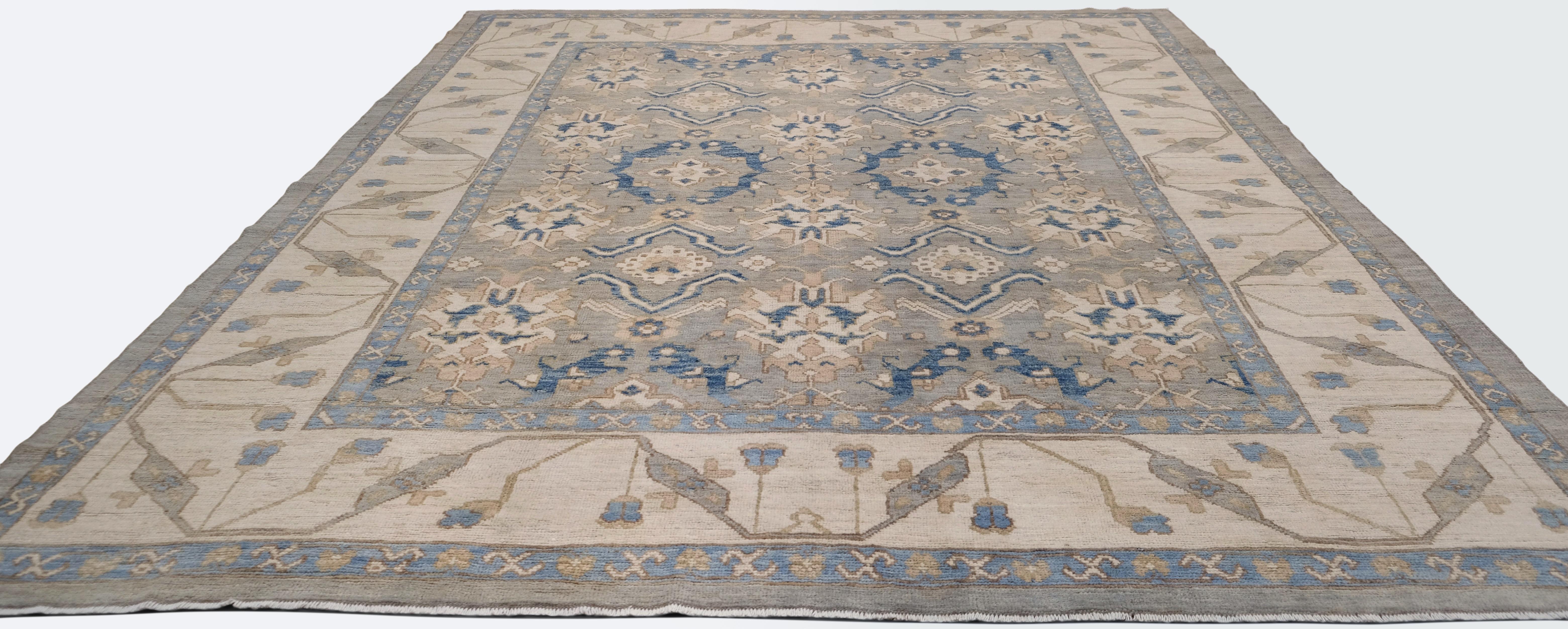Annodato a mano Tappeto Oushak in lana Greene & Greene e Avorio disegnato 9'5''x11'9'' in vendita