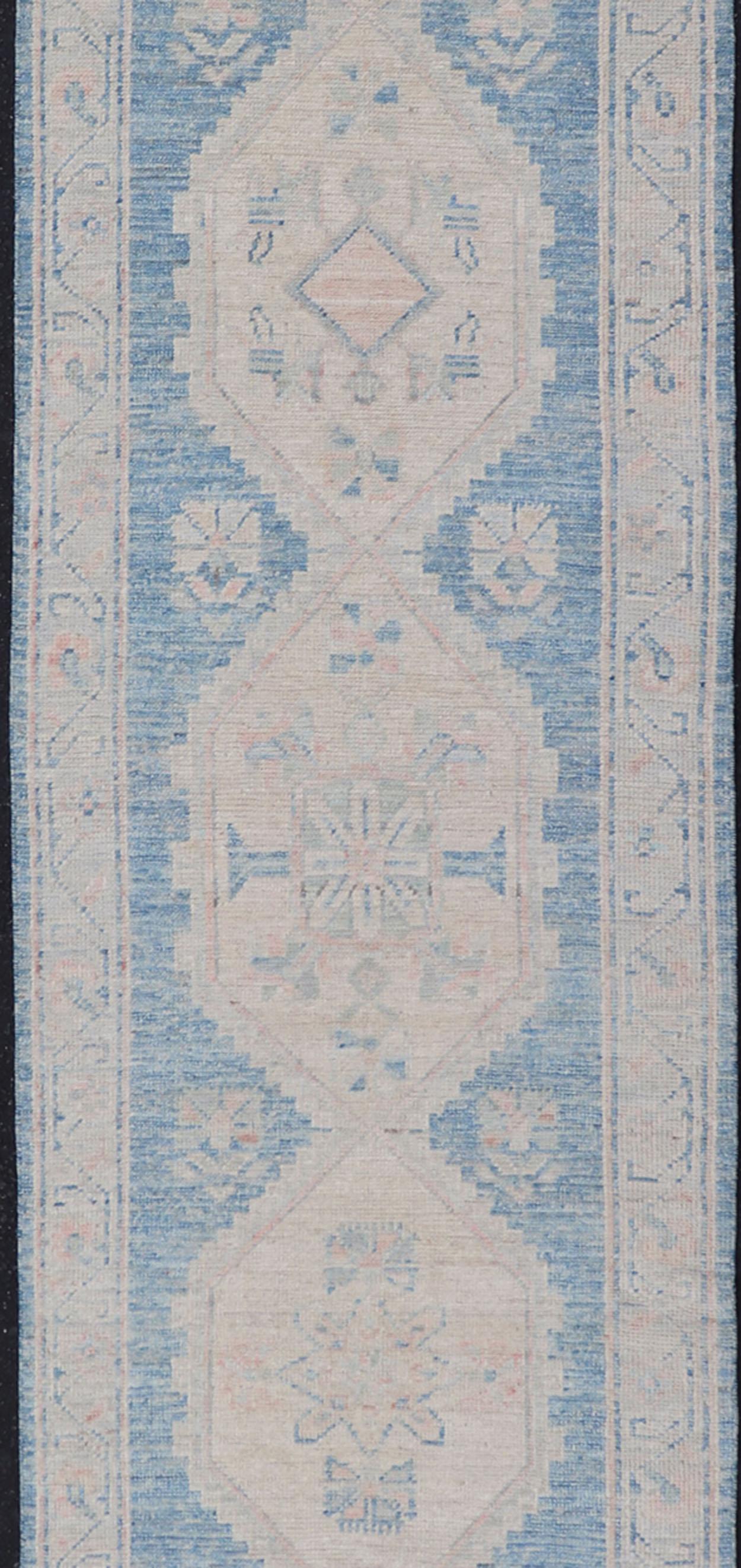 Measures: 2'10 x 12'6 
Oushak Modern Runner with Medallion Design In Shades of Blue and Cream. Keivan Woven Arts; rug AWR-12483 Country of Origin: Afghanistan Type: Oushak Design: Medallion, Motif.