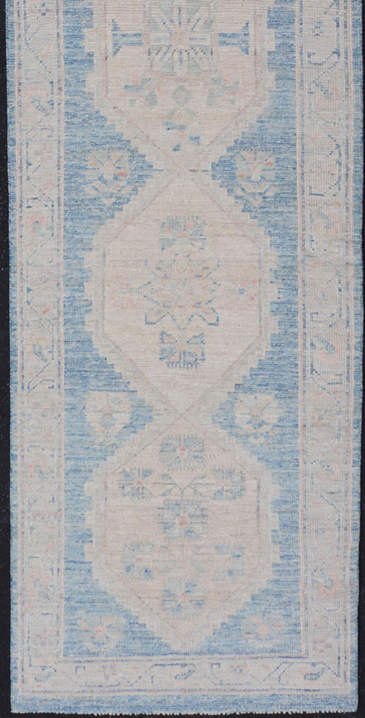 Afghan Oushak Modern Runner with Medallion Design In Shades of Blue and Cream For Sale