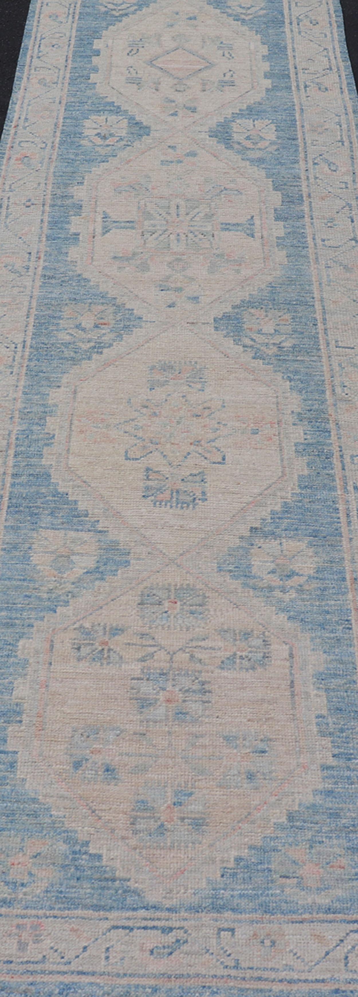 Hand-Knotted Oushak Modern Runner with Medallion Design In Shades of Blue and Cream For Sale