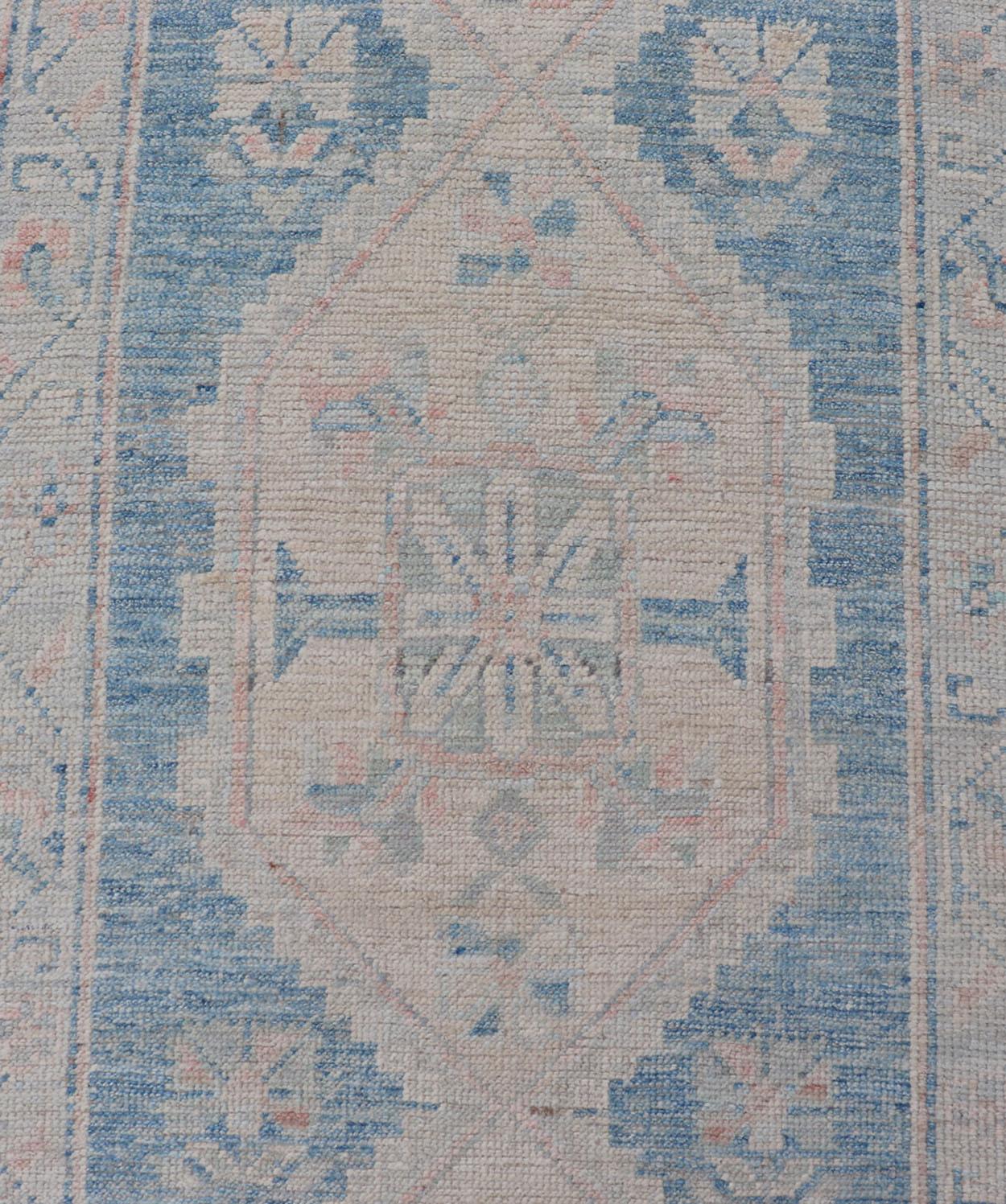Contemporary Oushak Modern Runner with Medallion Design In Shades of Blue and Cream For Sale