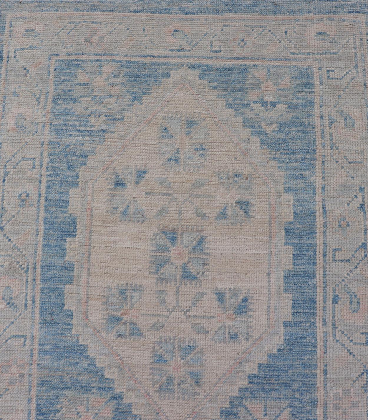 Wool Oushak Modern Runner with Medallion Design In Shades of Blue and Cream For Sale