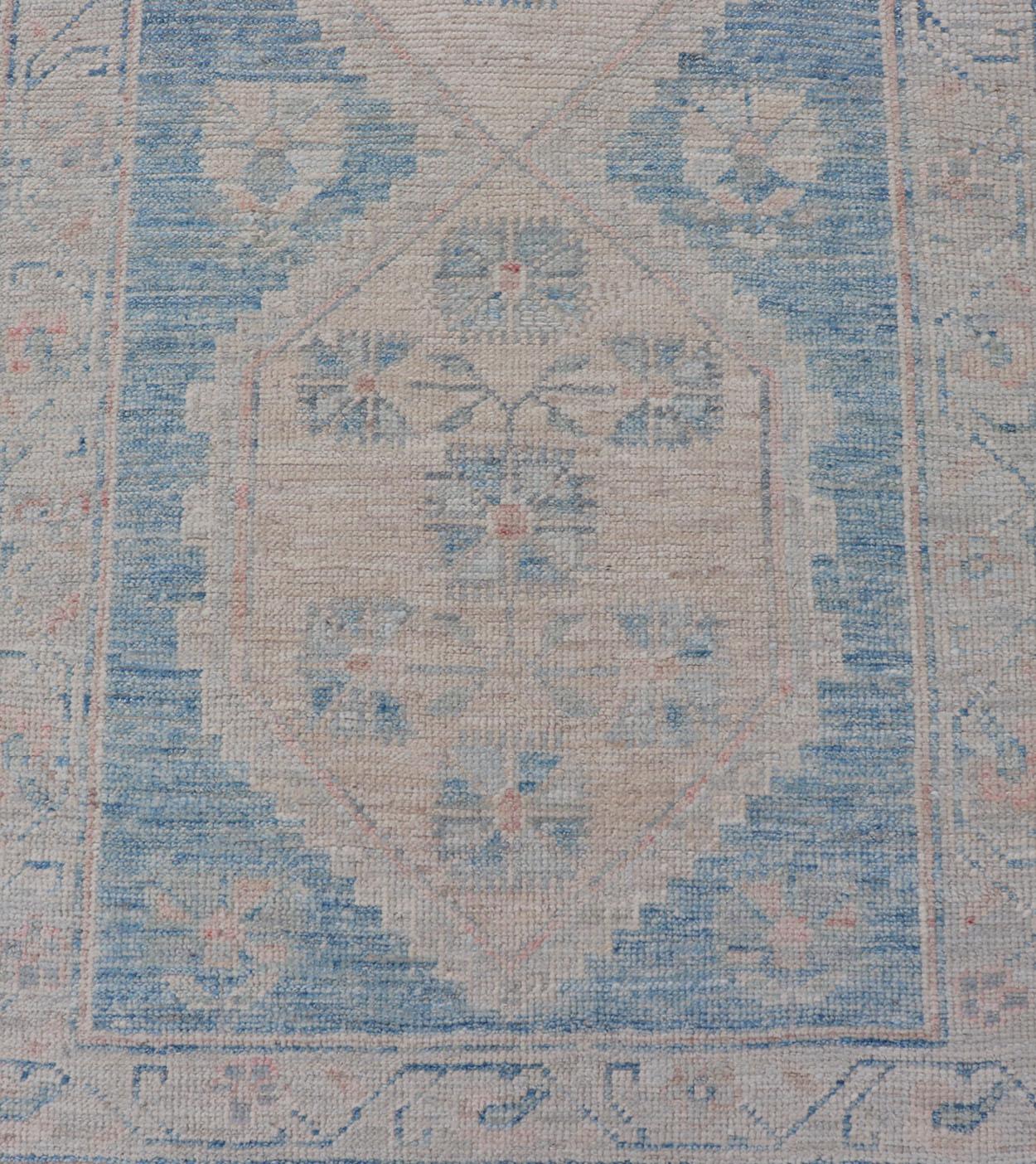 Oushak Modern Runner with Medallion Design In Shades of Blue and Cream For Sale 1