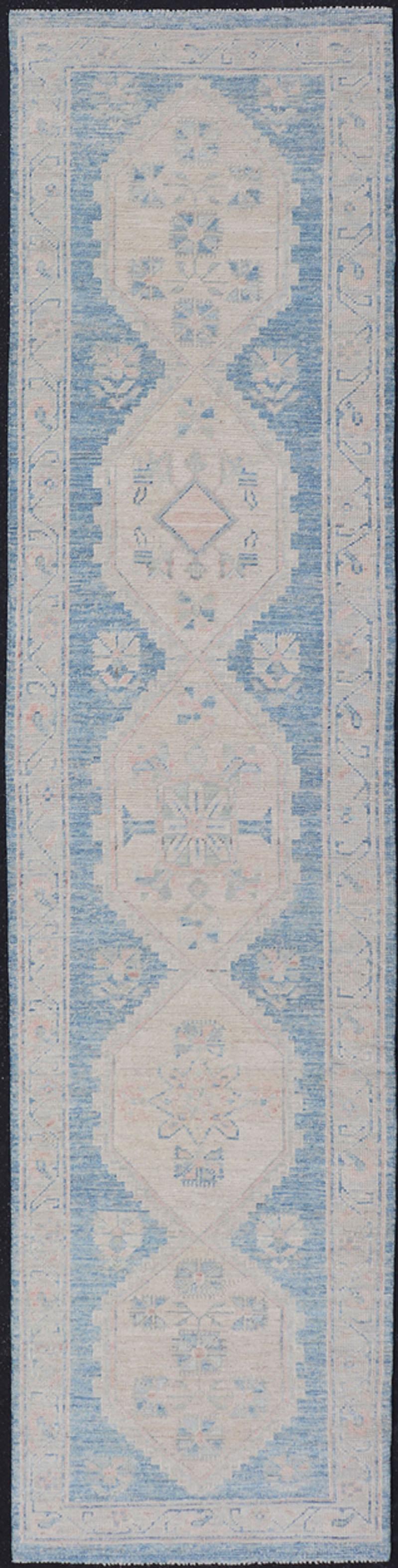 Oushak Modern Runner with Medallion Design In Shades of Blue and Cream For Sale