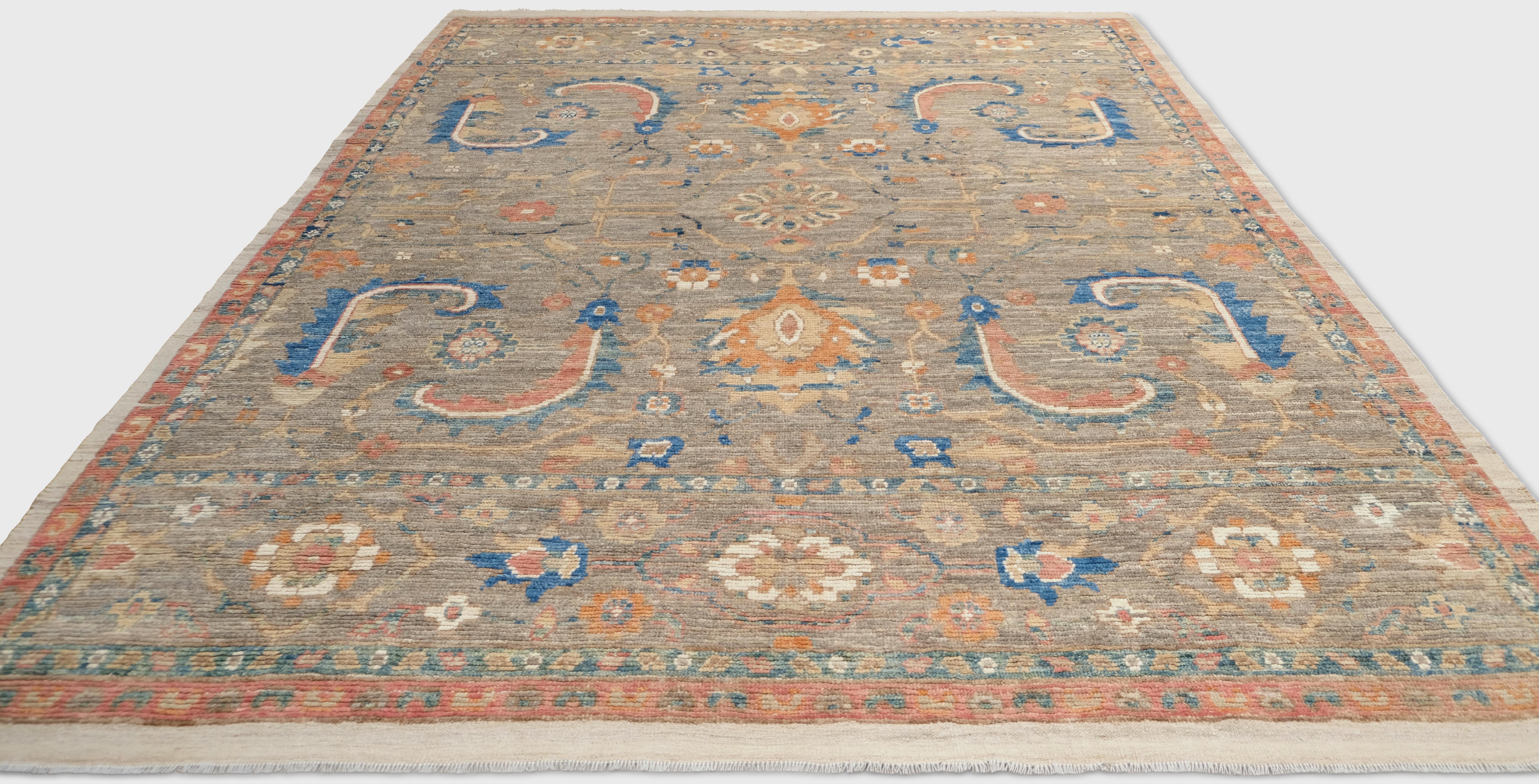 Tapis de laine Oushak multicolore sur fond naturel gris Brown 7'10''x10'3'' Neuf - En vente à Torrance, CA