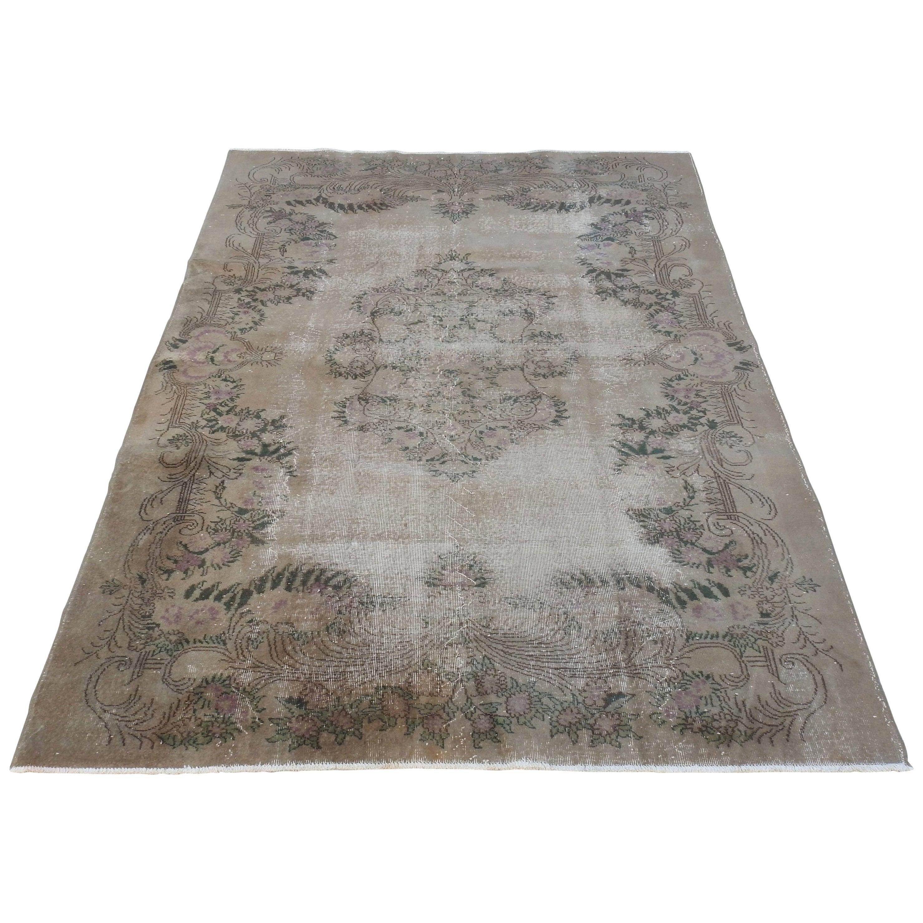 Oushak Neutral, Purple and Green Rug with Foliate Detail, 19th Century For Sale