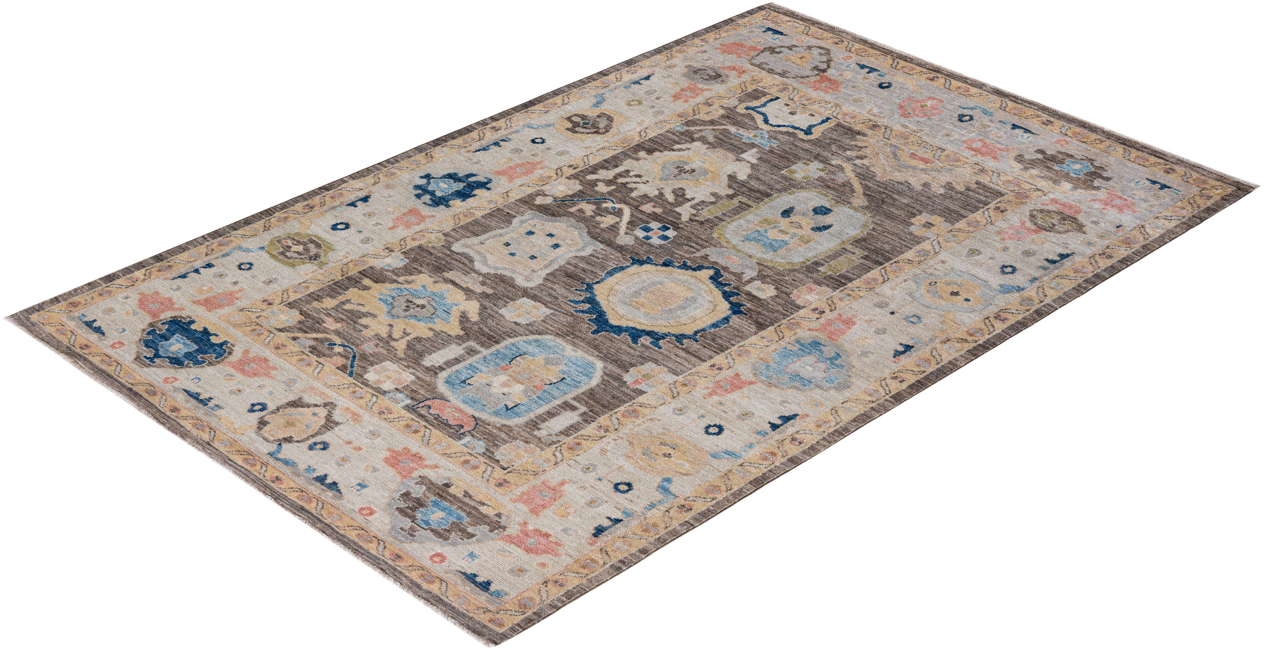 Oushak, One-of-a-Kind Hand Knotted Runner Rug, Brown For Sale 1