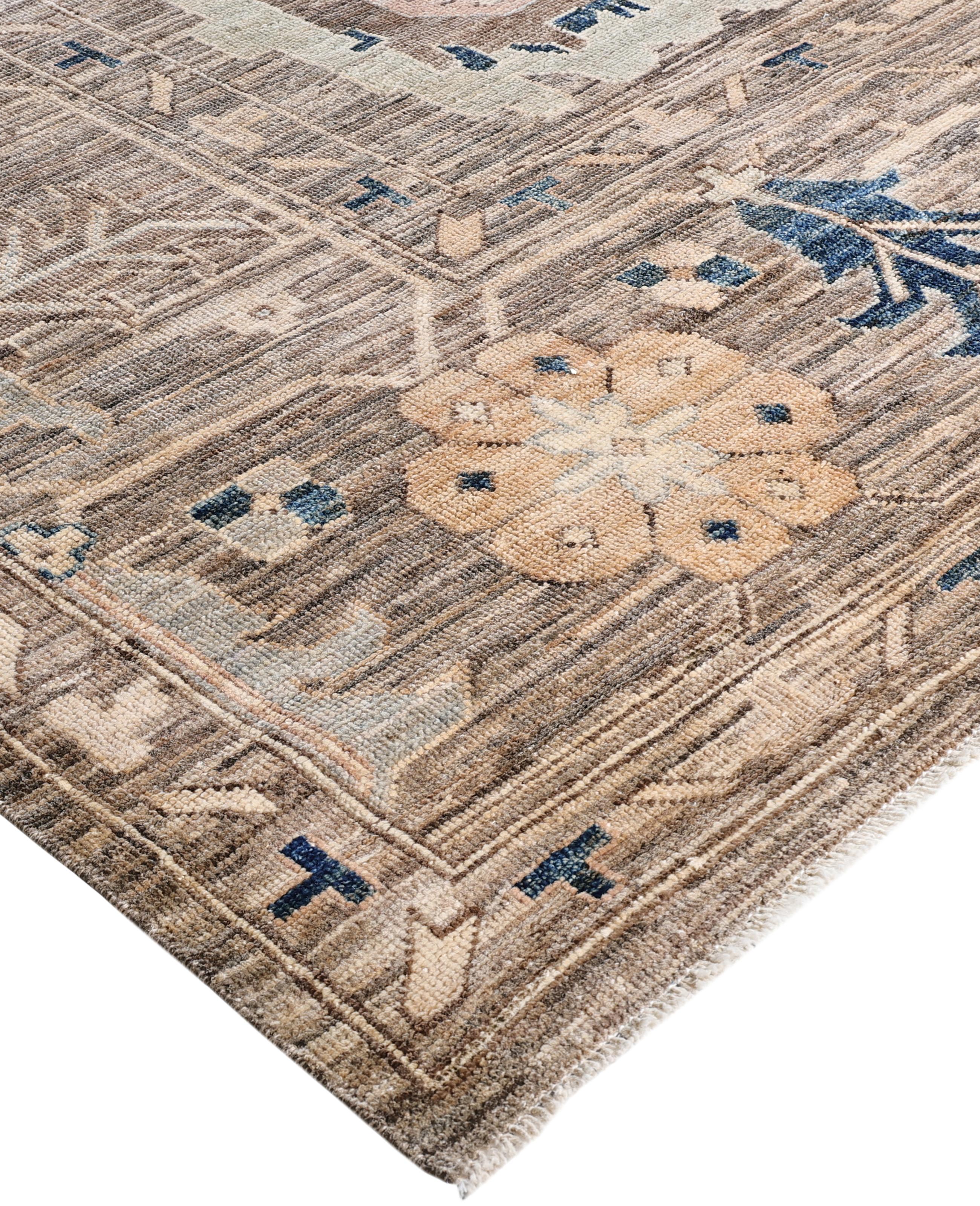 Oushak rugs are known for their soft, muted color palettes and large-scale, flowing designs. They often feature soft tones like beige, cream, gold, and light blue, with motifs that include palmettes, vines, and geometric shapes. These rugs are