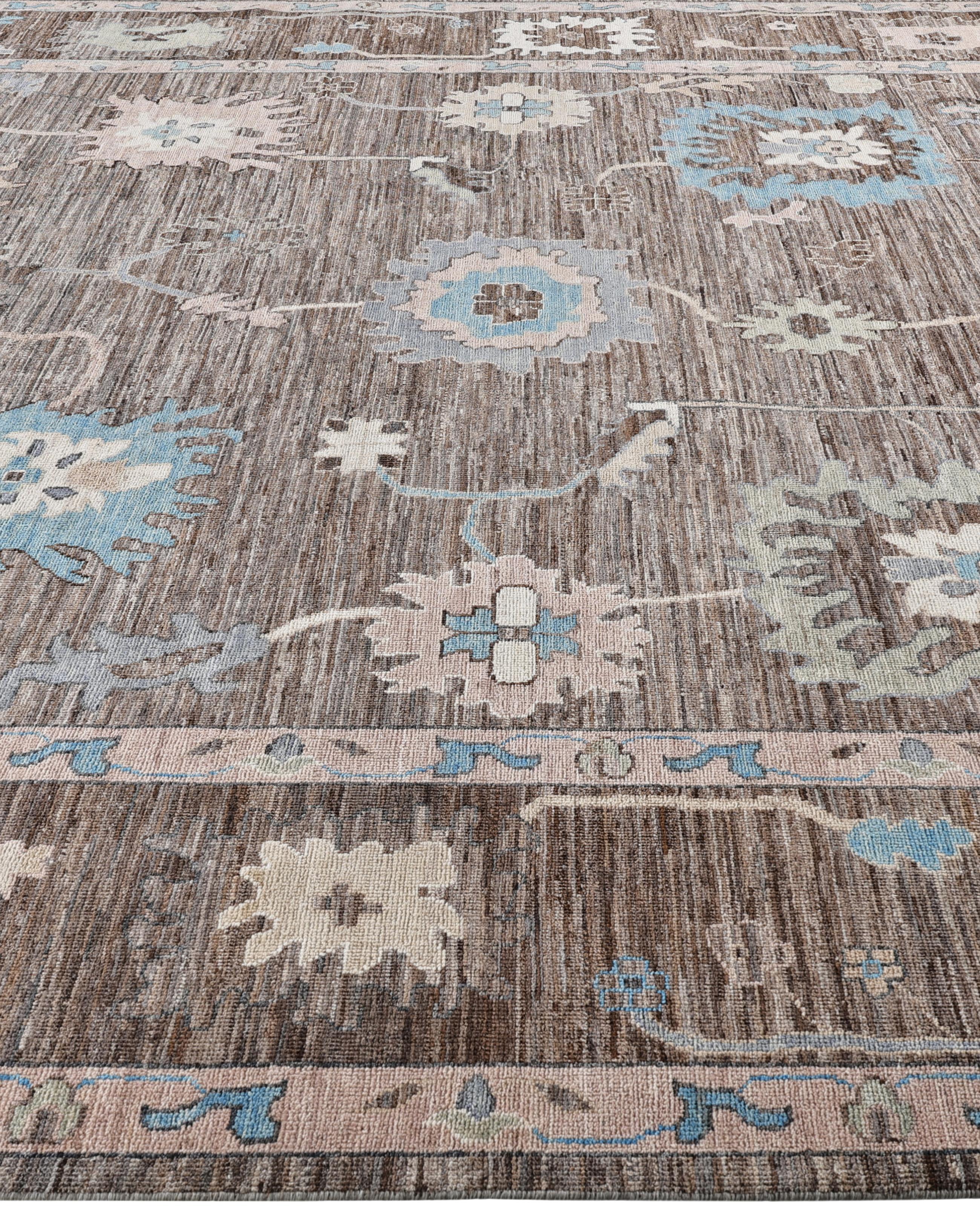 Hand-Knotted Oushak One-of-a-Kind Wool Brown Area Rug 9' 11