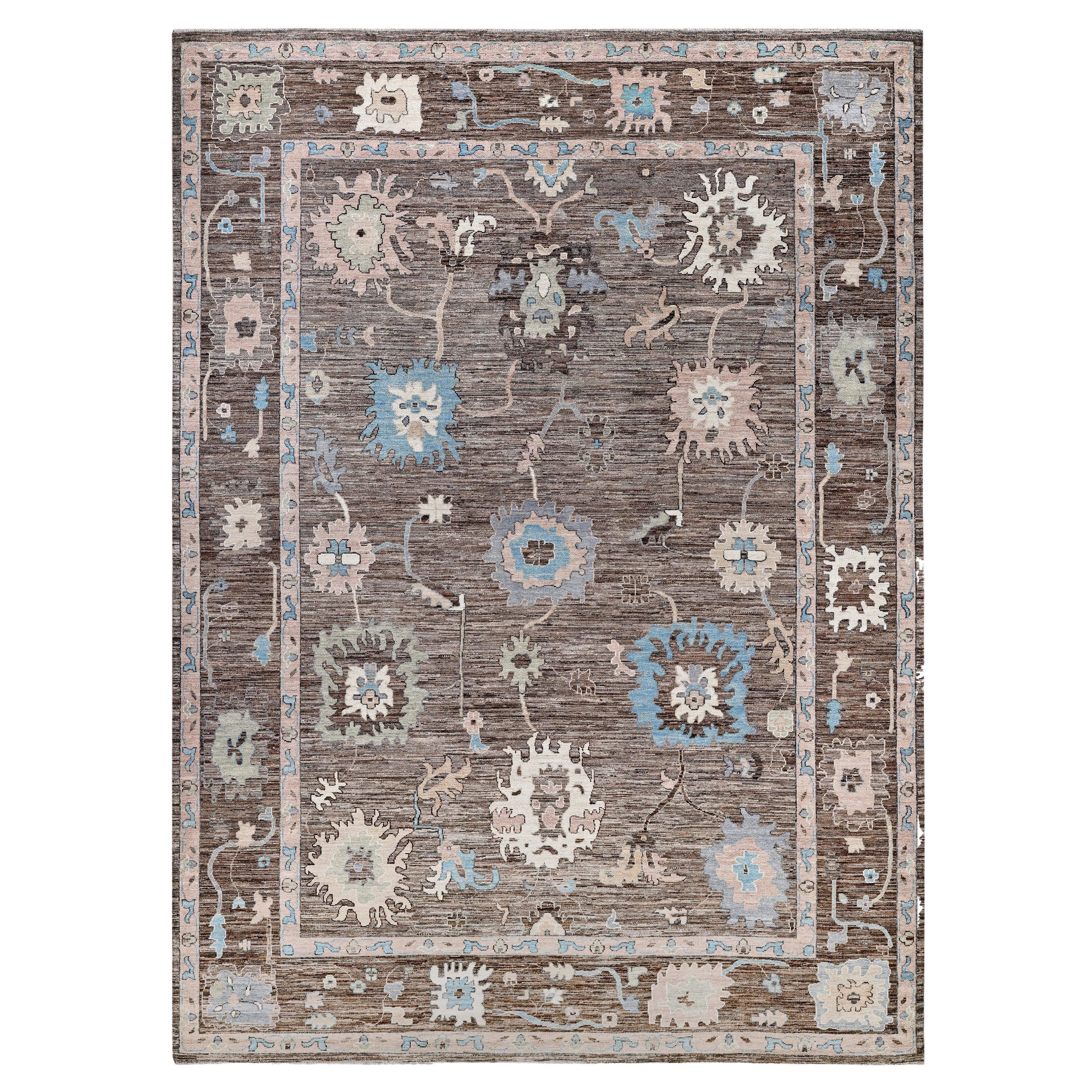 Oushak One-of-a-Kind Wool Brown Area Rug 9' 11" x 13' 8" For Sale
