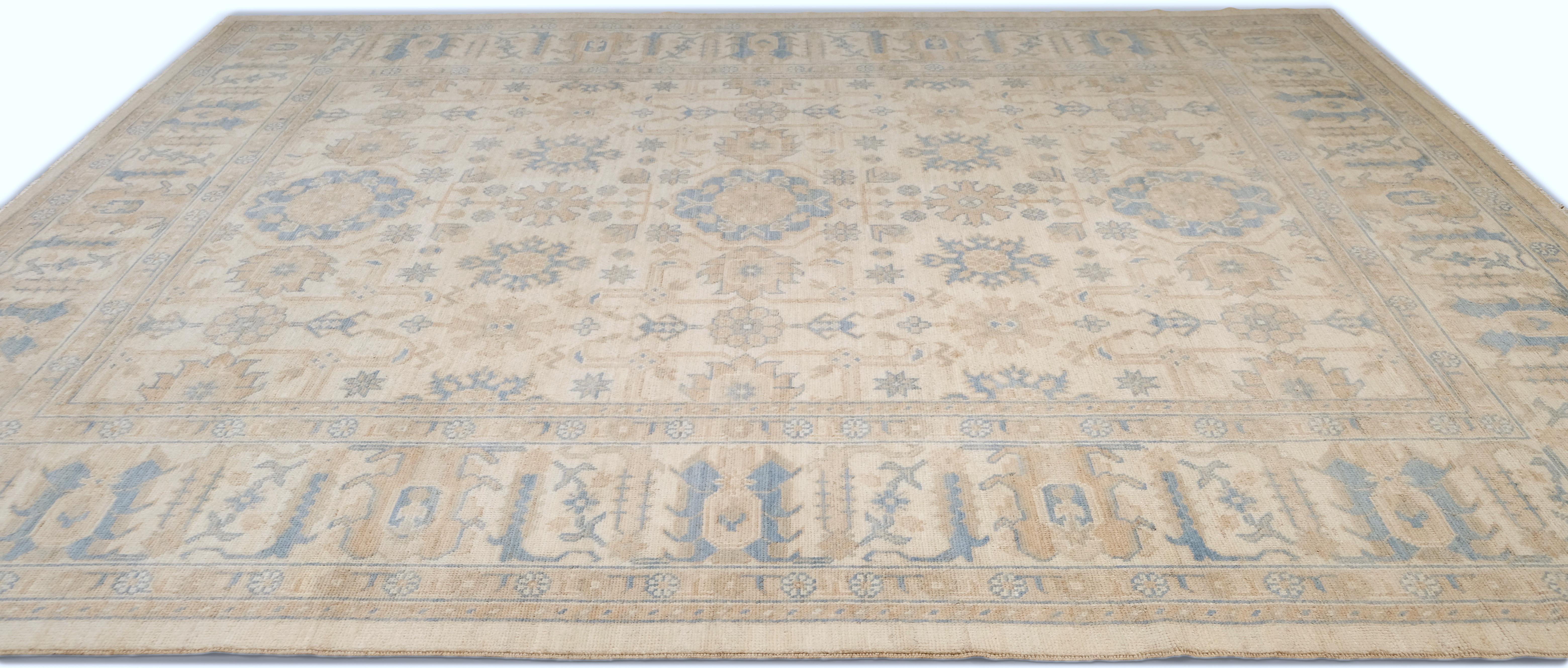 Oushak-Muster Beigeblauer Wollteppich 8'10''x11'10'' (Viktorianisch) im Angebot