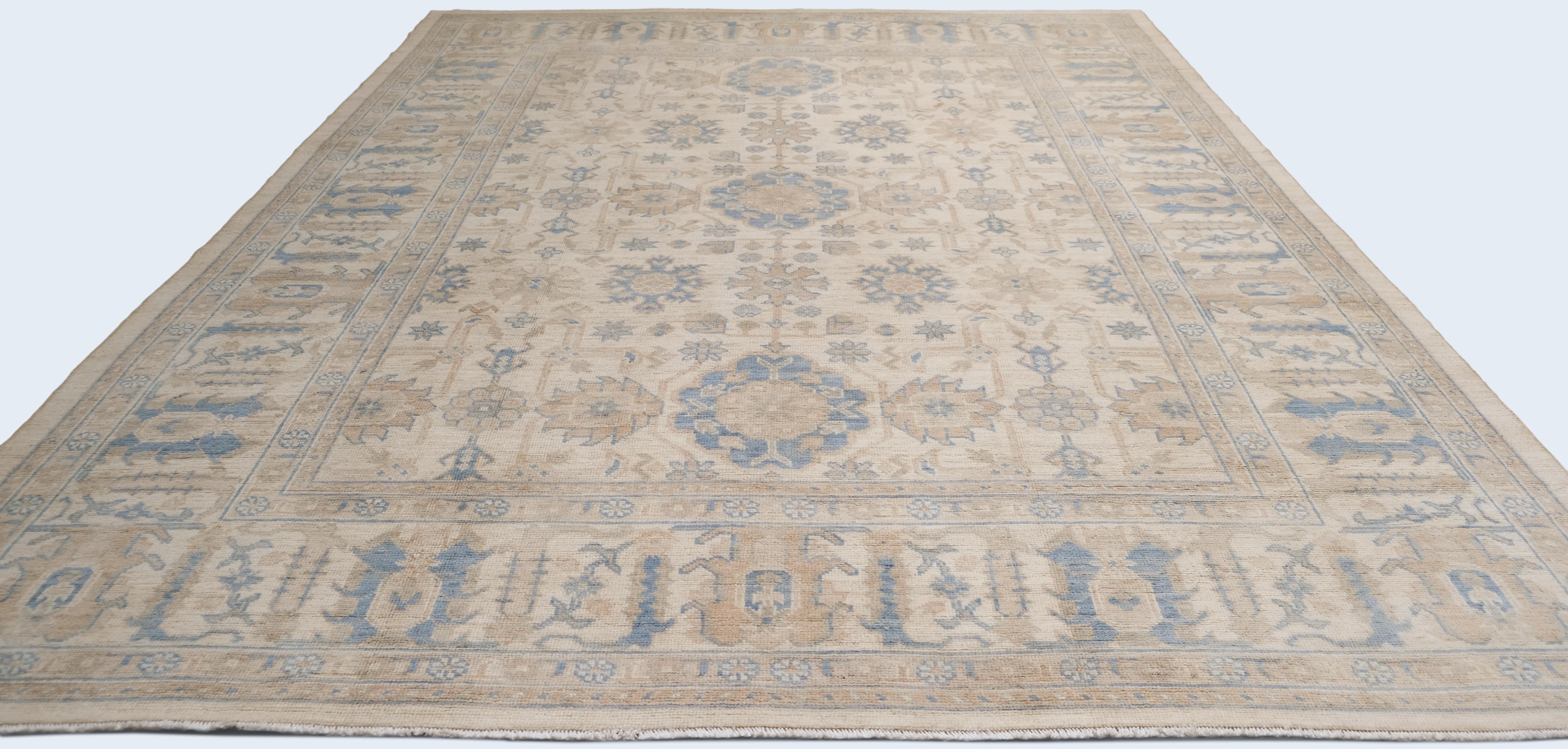 Oushak-Muster Beigeblauer Wollteppich 8'10''x11'10'' (Pakistanisch) im Angebot