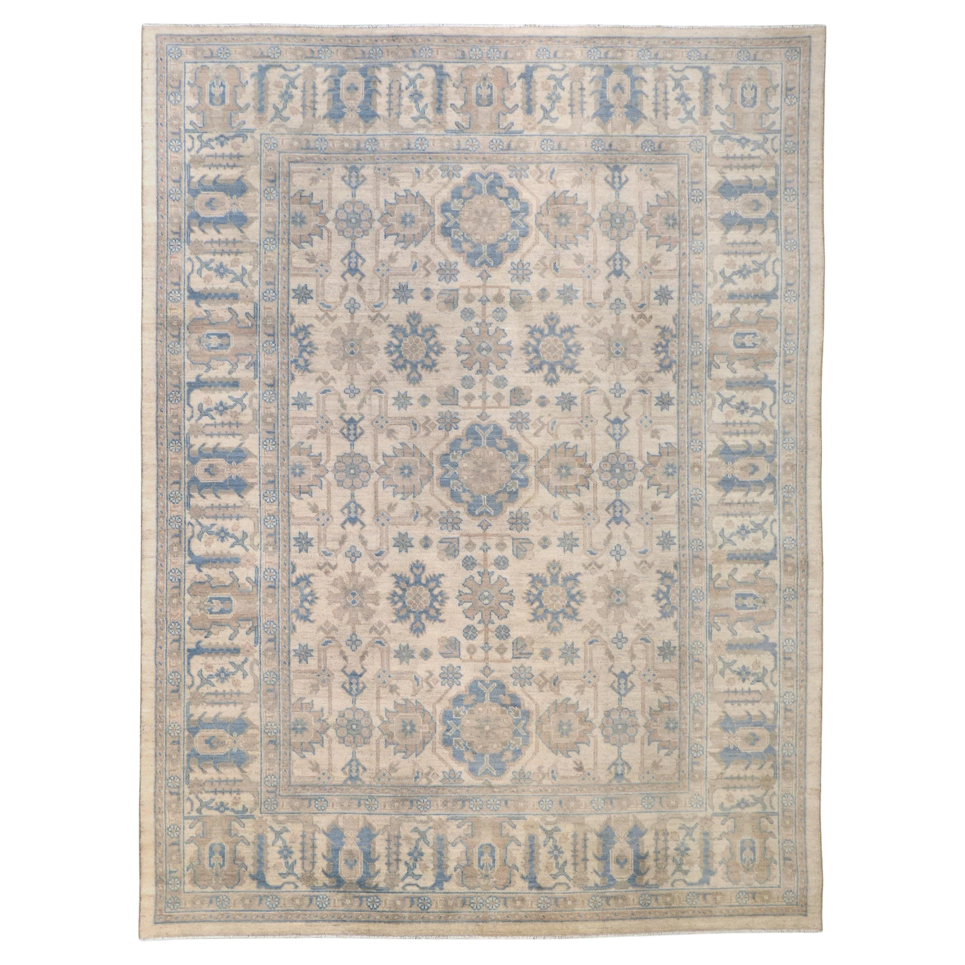 Oushak Pattern Beige Blue Wool Rug 8'10''x11'10''