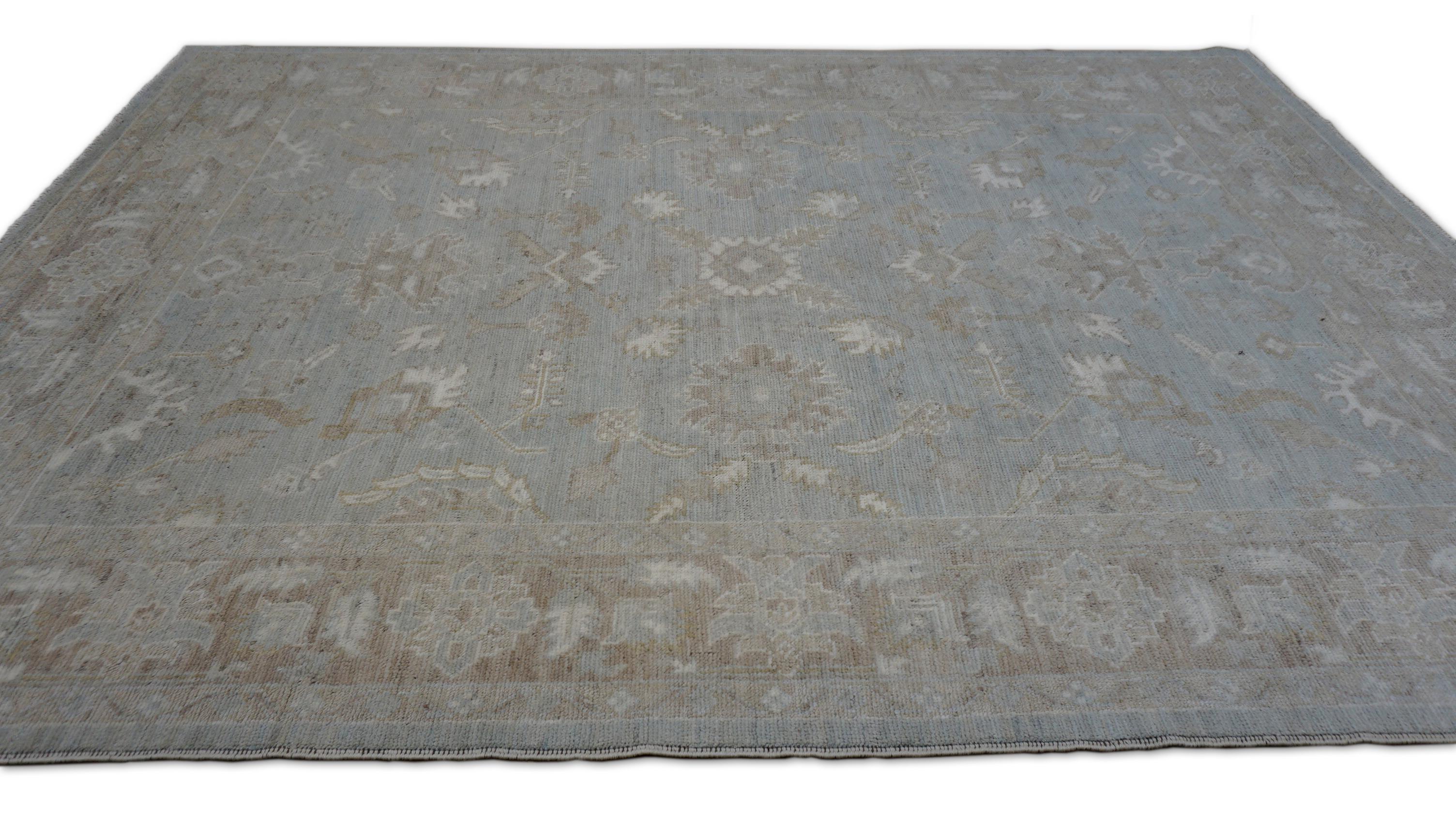 Pakistani Oushak Pattern Blue Green and Taupe Wool Rug 6'2''x8'8'' For Sale