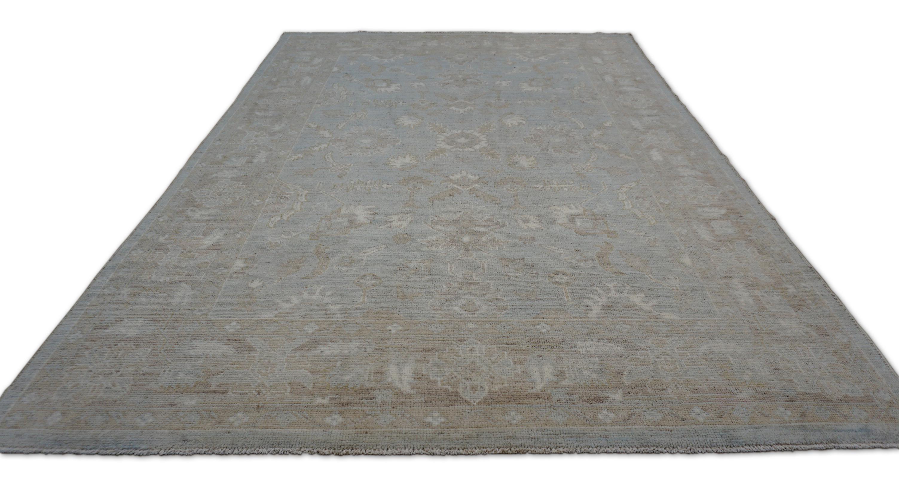 Hand-Knotted Oushak Pattern Blue Green and Taupe Wool Rug 6'2''x8'8'' For Sale