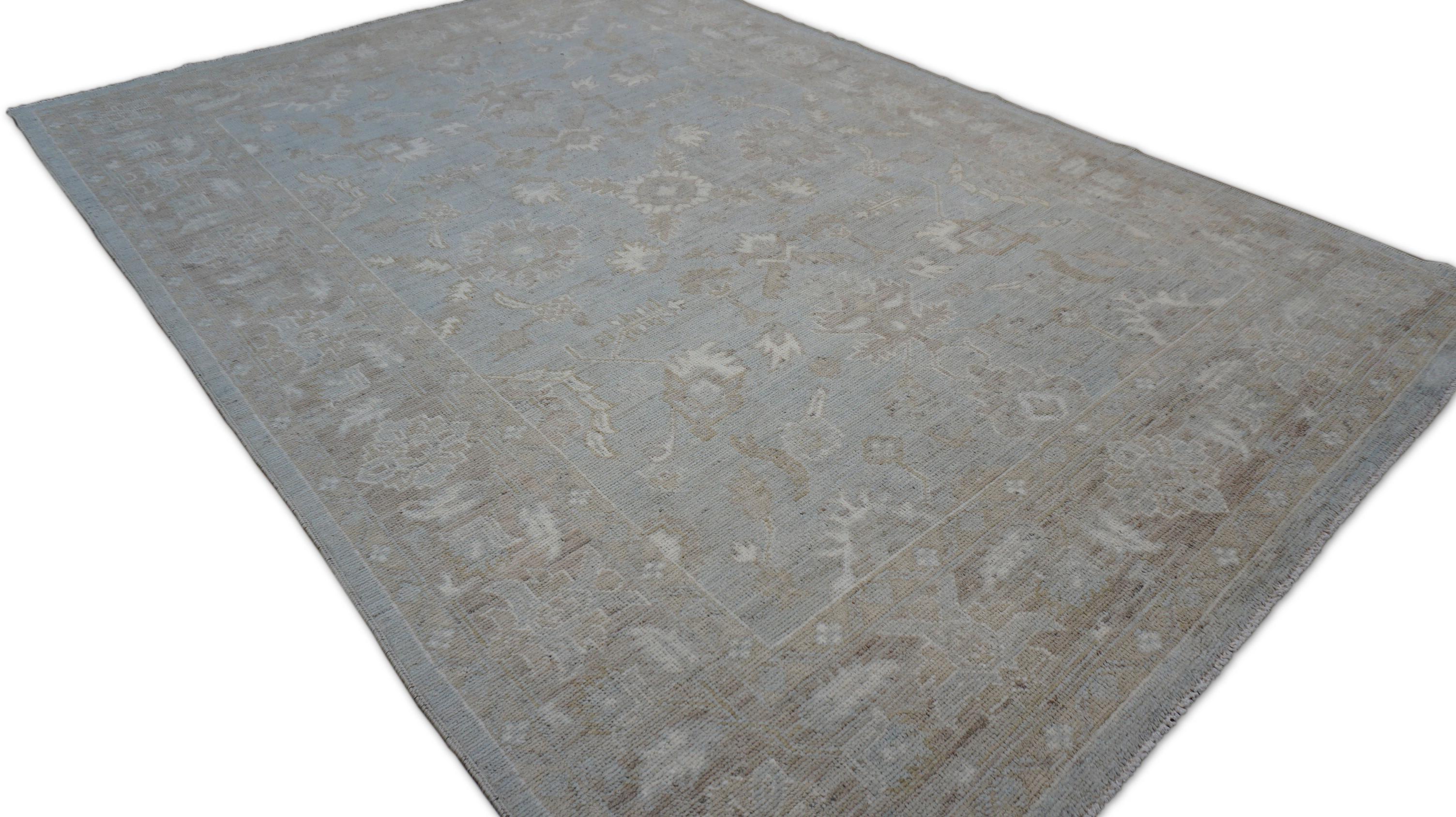 Oushak Pattern Blue Green and Taupe Wool Rug 6'2''x8'8'' In New Condition For Sale In Torrance, CA
