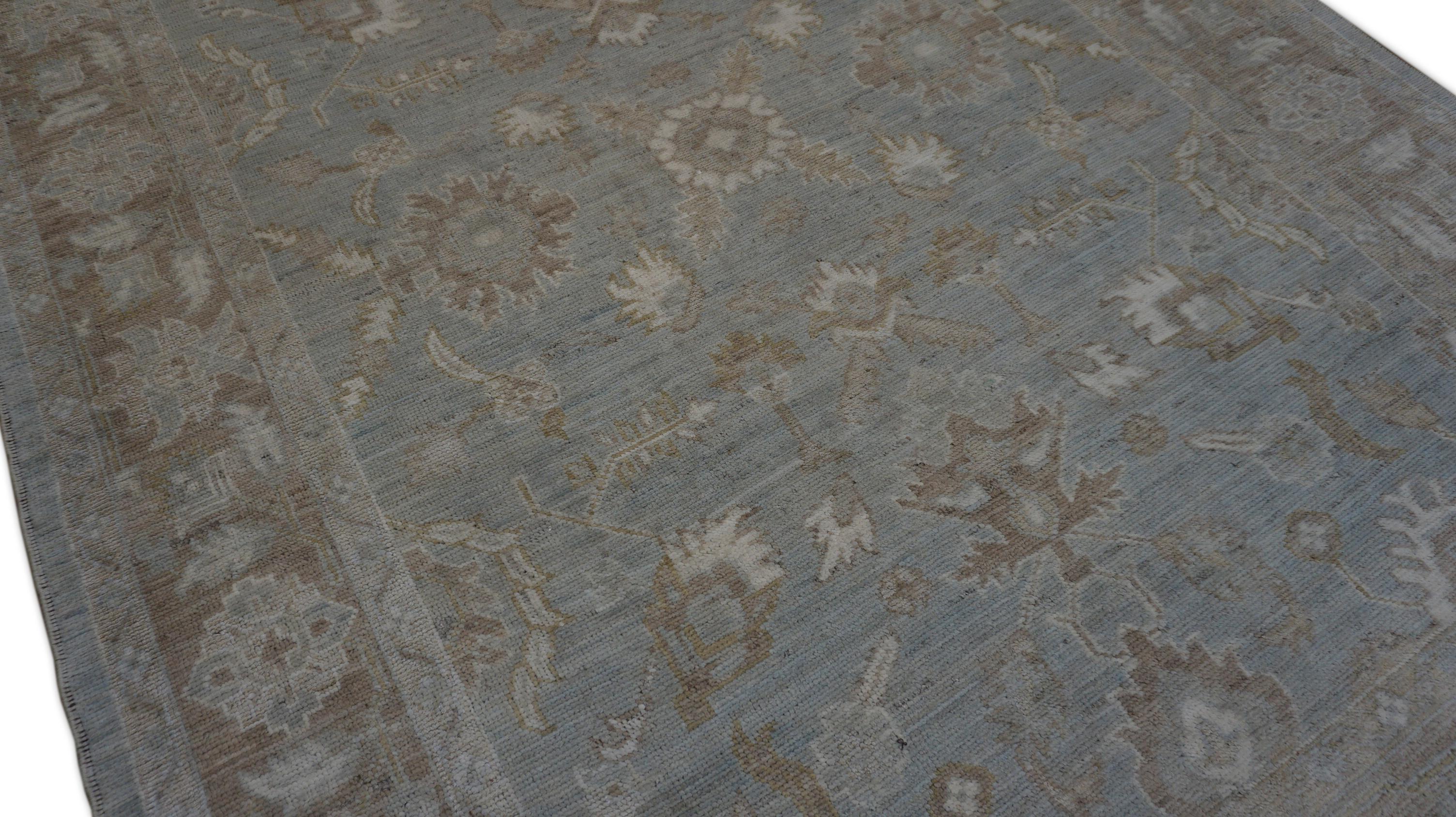 Contemporary Oushak Pattern Blue Green and Taupe Wool Rug 6'2''x8'8'' For Sale