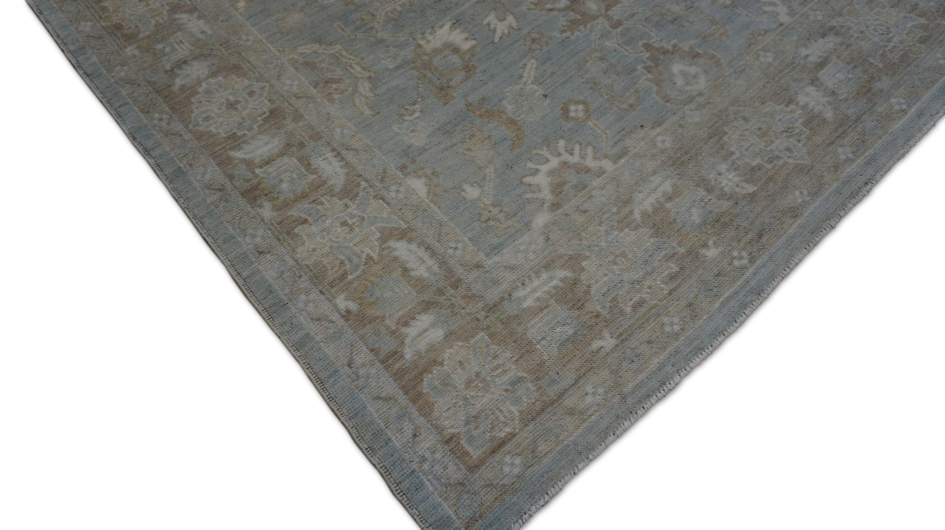 Oushak Pattern Blue Green and Taupe Wool Rug 6'2''x8'8'' For Sale 1