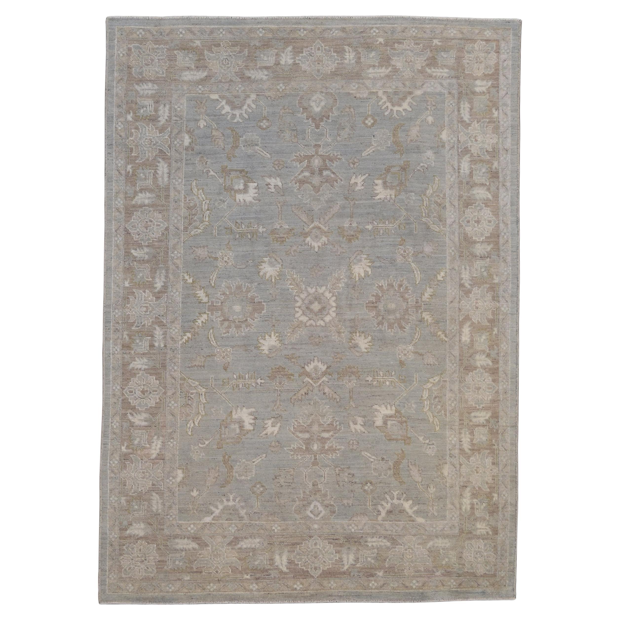 Alfombra de lana con estampado Oushak Azul Verde y Topo 6'2''x8'8''