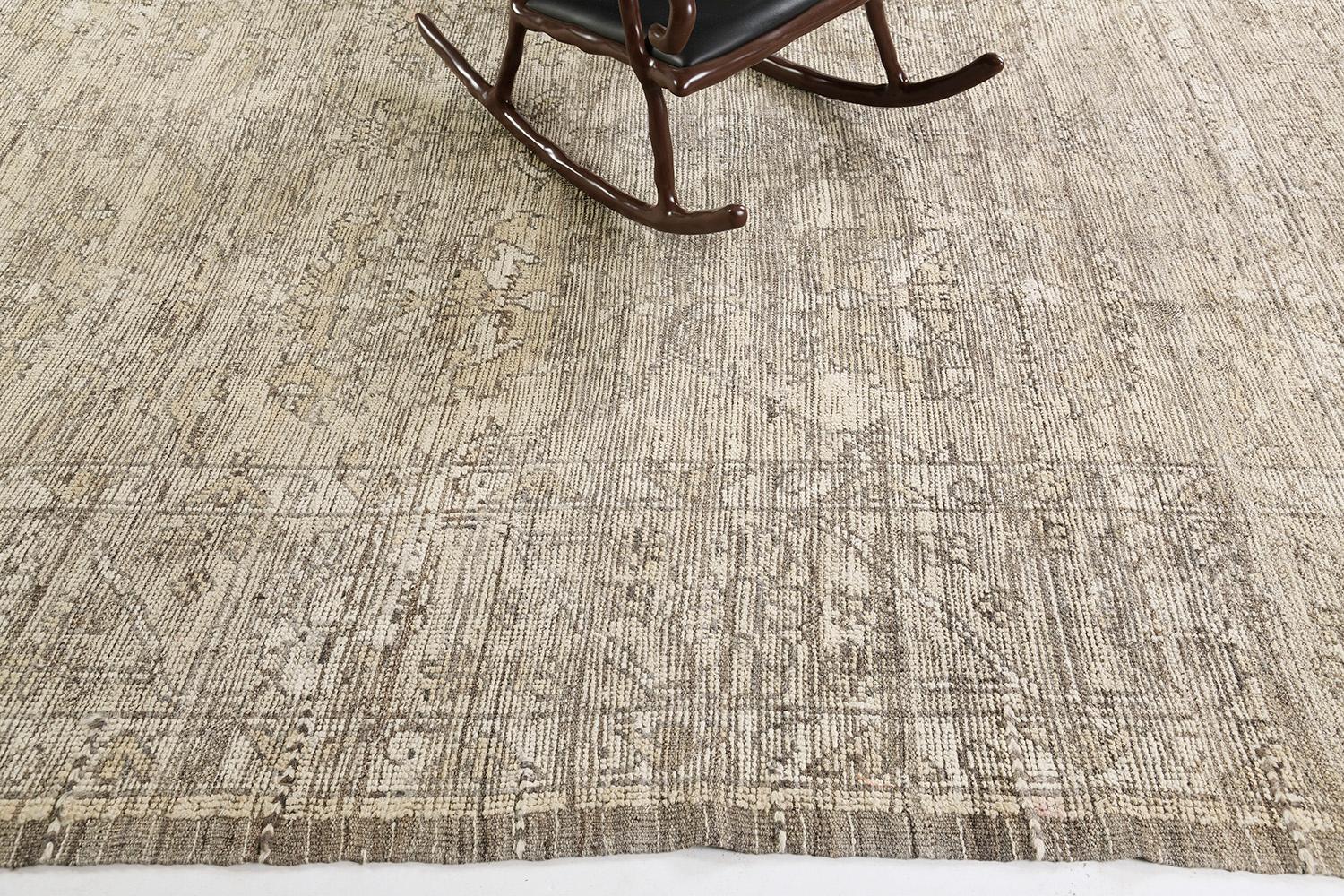 This dashing hand-spun wool revival of Oushak rug features all stylized symbolic elements and medallions are embodied with this design. It creates a soulful balance of everything from mid-century modern decor to old-fashioned design through a