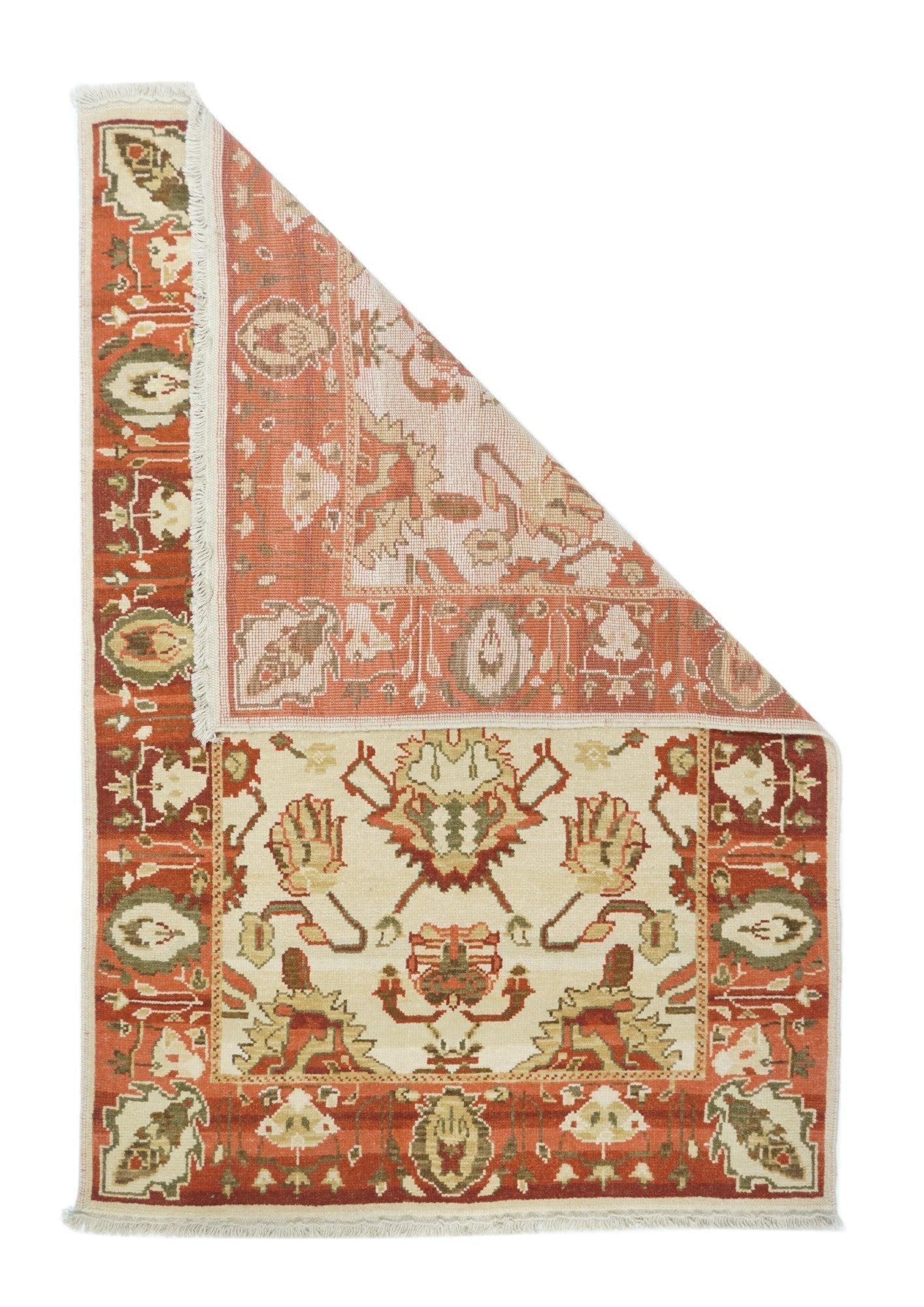 Oushak Rug 4'1'' x 6'1''. Town in Western Anatolia, weaving mostly room sizes, in coarse to moderate weave, high pile. Antiques are all wool, changing to cotton foundations in the 1920's. Geometric or Persian-derived patterns, soft or strong