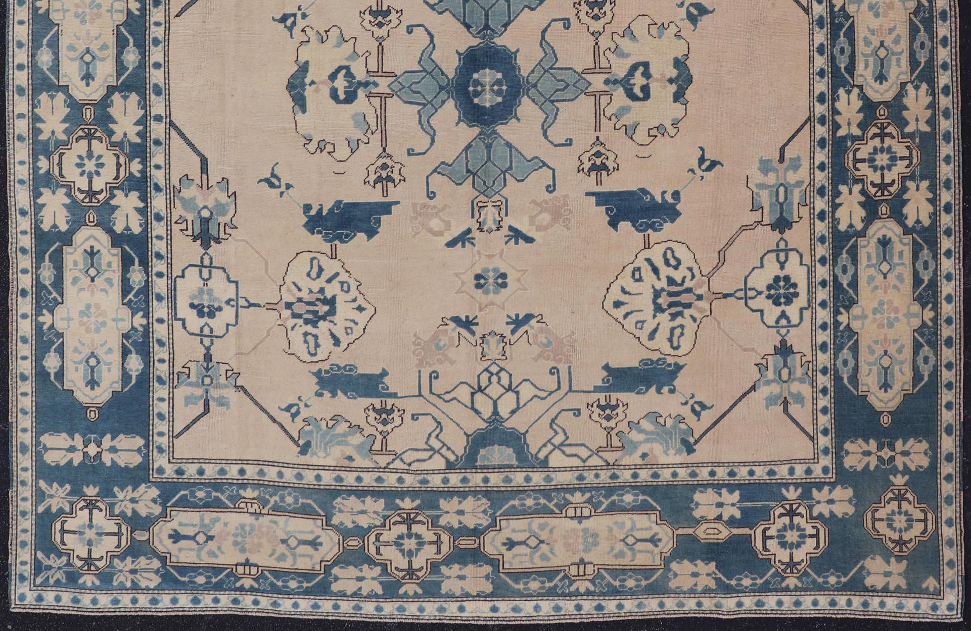 Turkish Oushak Rug from Mid-20th Century Turkey with Blue Tribal Design 10 x 12'4 For Sale