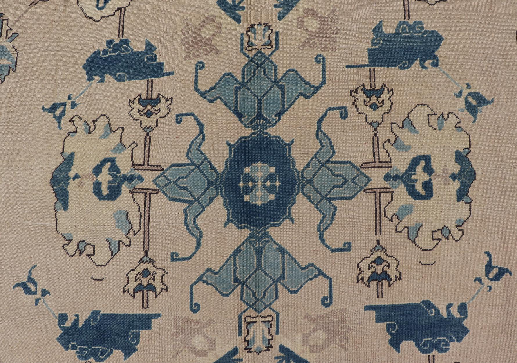 Oushak Rug from Mid-20th Century Turkey with Blue Tribal Design 10 x 12'4 For Sale 1