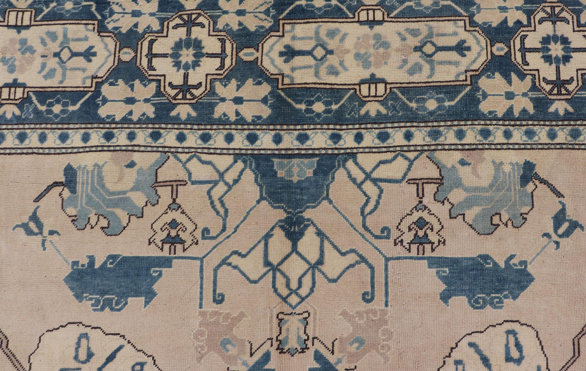 Oushak Rug from Mid-20th Century Turkey with Blue Tribal Design 10 x 12'4 For Sale 2