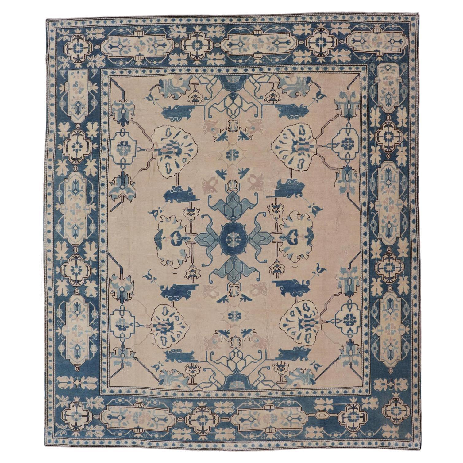 Oushak Rug from Mid-20th Century Turkey with Blue Tribal Design 10 x 12'4