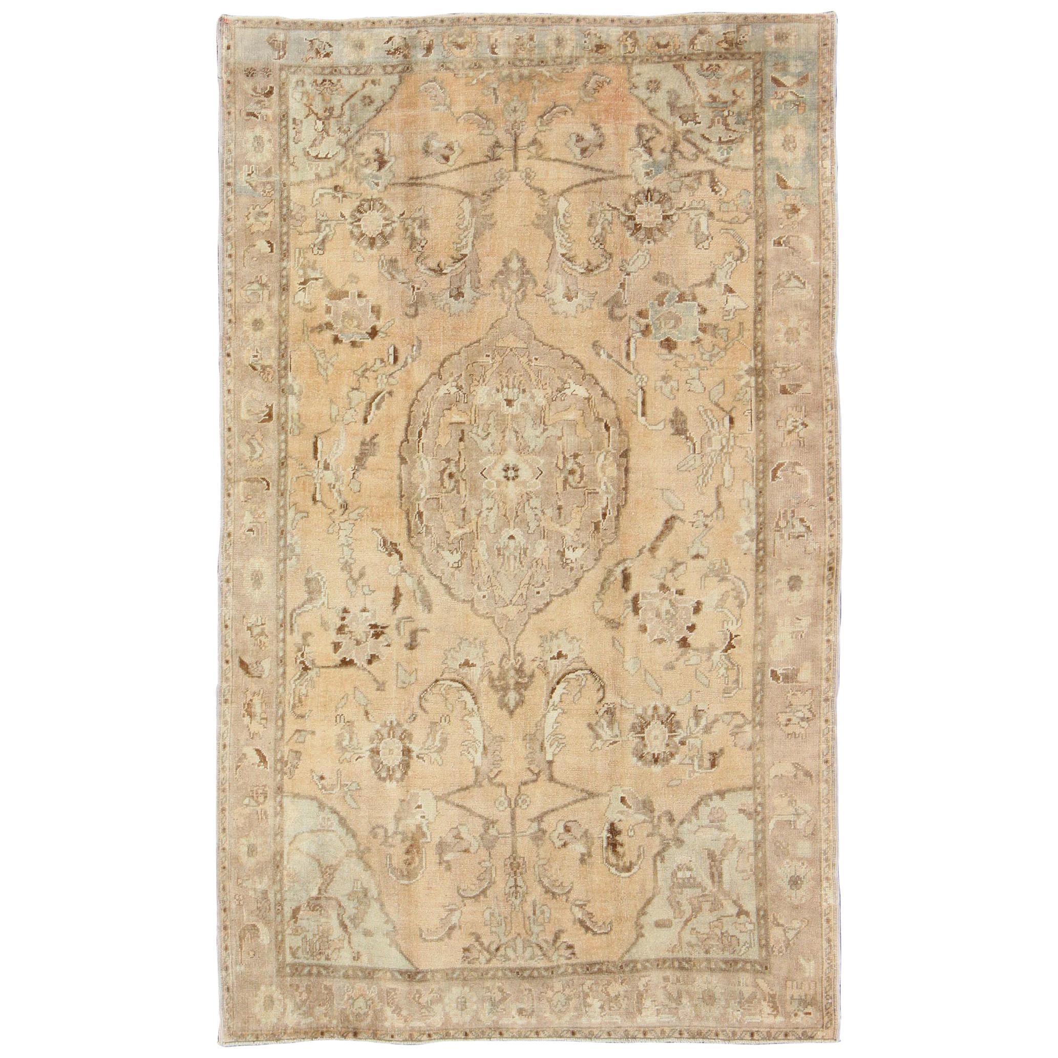 Oushak Rug Vintage from Turkey with Floral Design and Exquisite Center Medallion For Sale