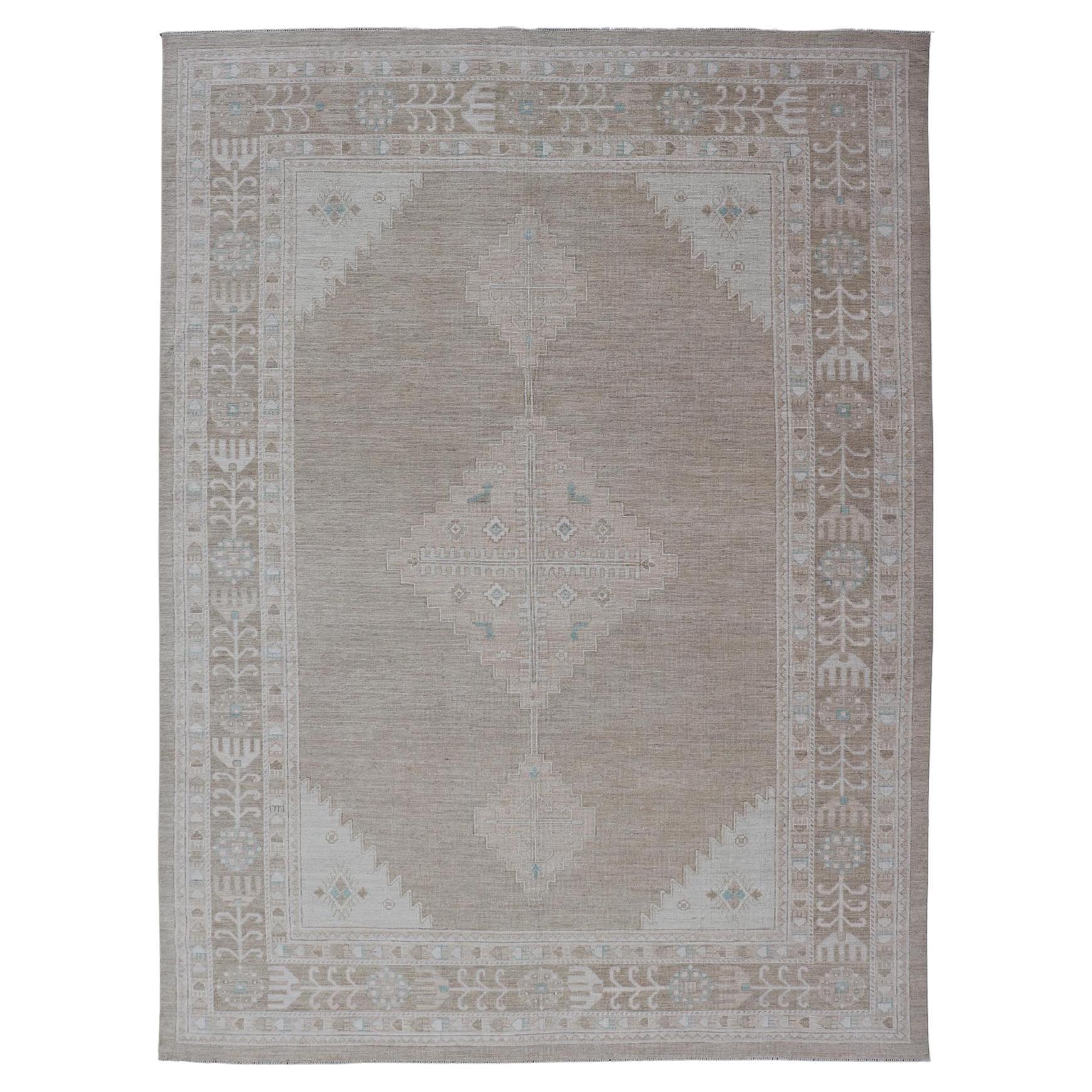 Oushak Rug with a Taupe Base and Soft Ivory, Light Blue Accents 10'0 x 14'4