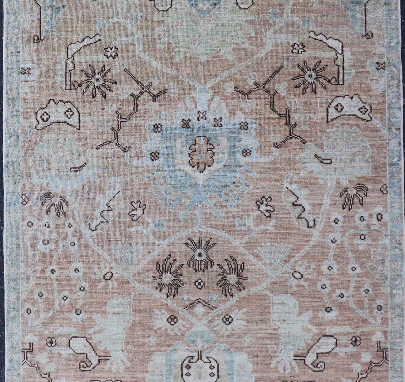 Tabriz Oushak Rug with a Warm Apricot Base and Accents of Sky Blue, Ivory 3'3 x 5'0 For Sale