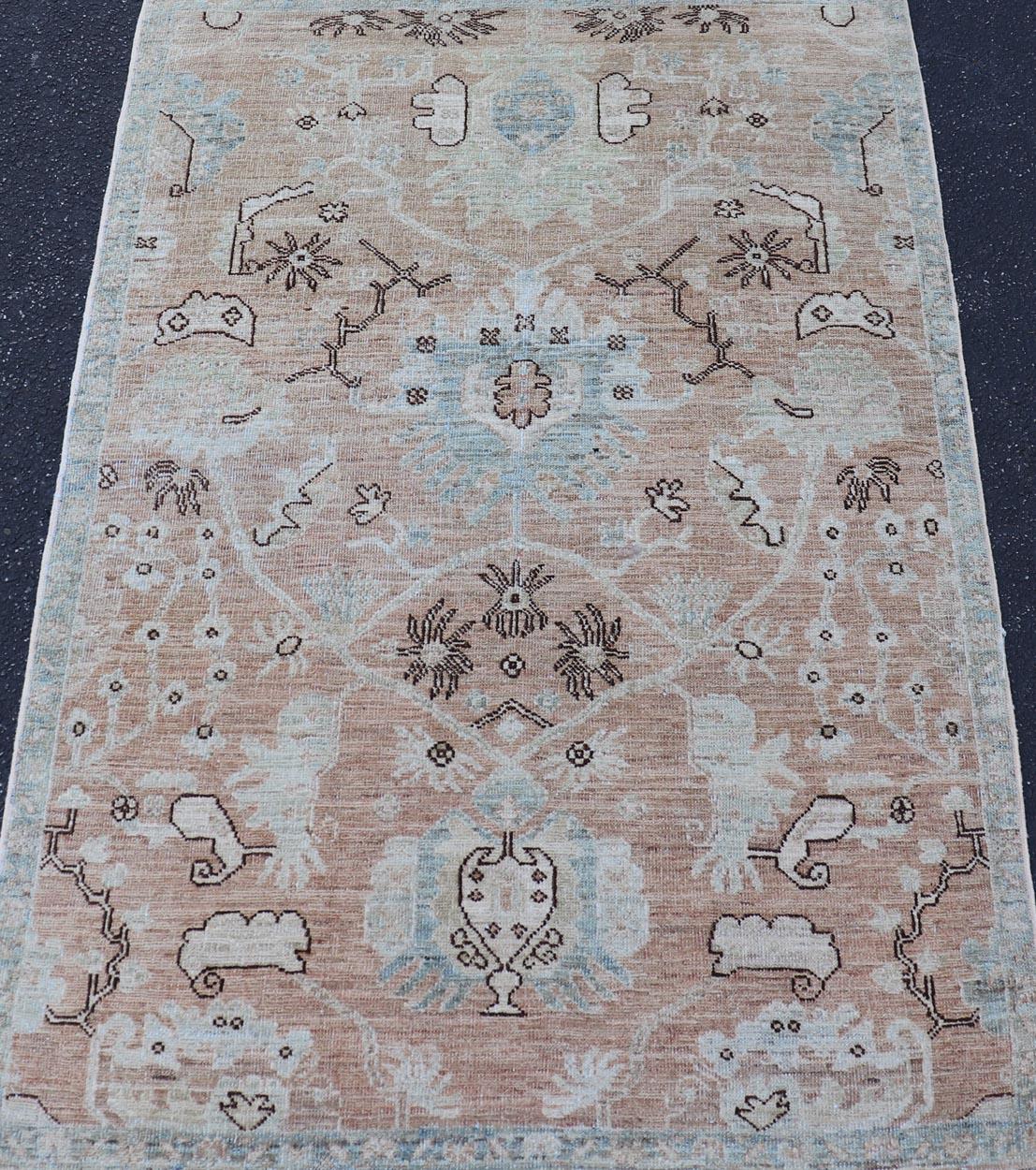 Hand-Knotted Oushak Rug with a Warm Apricot Base and Accents of Sky Blue, Ivory 3'3 x 5'0 For Sale