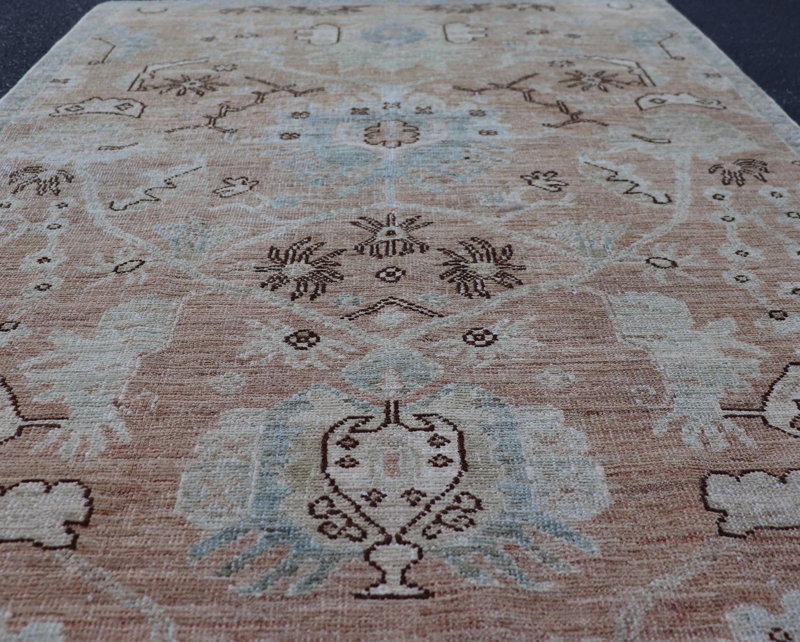 Oushak Rug with a Warm Apricot Base and Accents of Sky Blue, Ivory 3'3 x 5'0 In New Condition For Sale In Atlanta, GA
