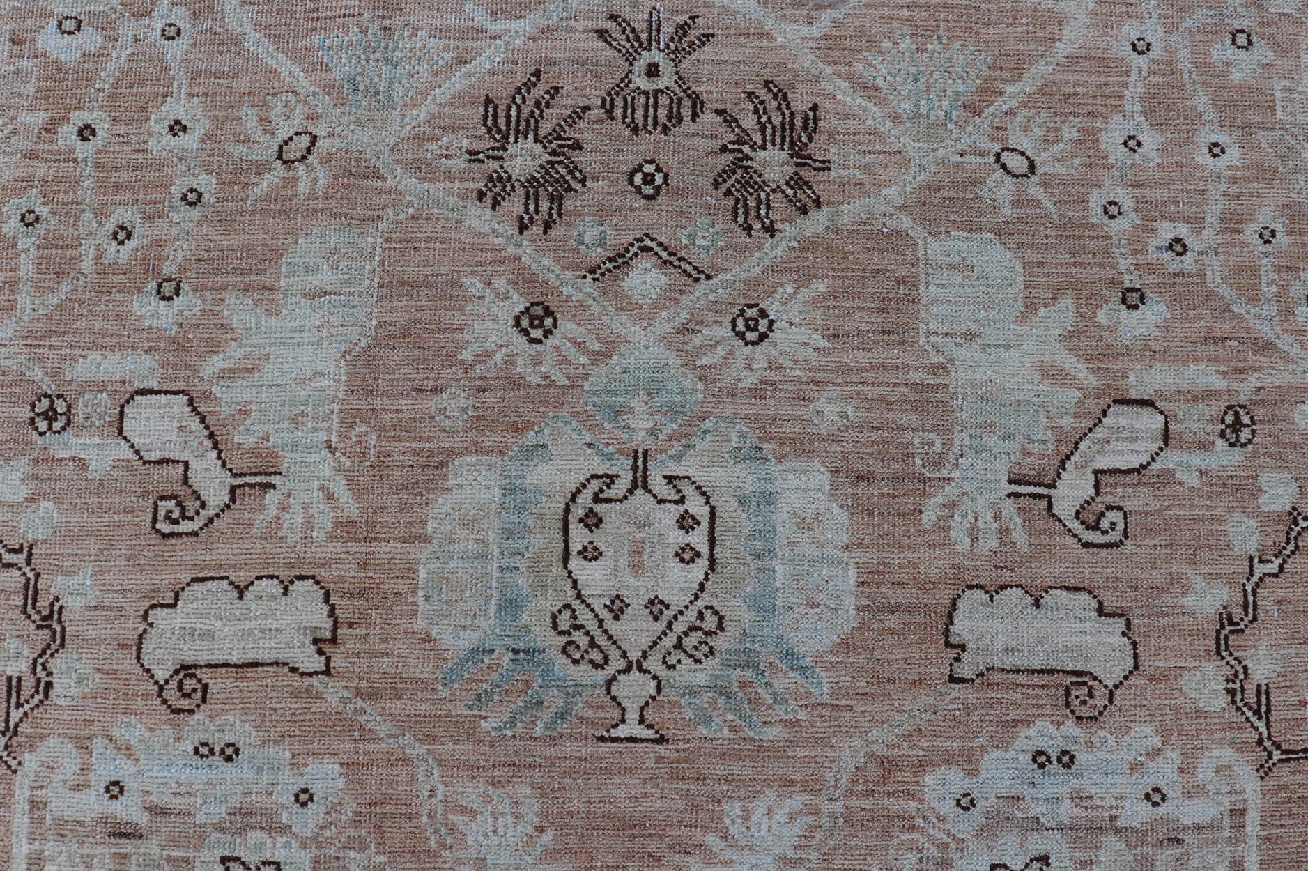 Contemporary Oushak Rug with a Warm Apricot Base and Accents of Sky Blue, Ivory 3'3 x 5'0 For Sale