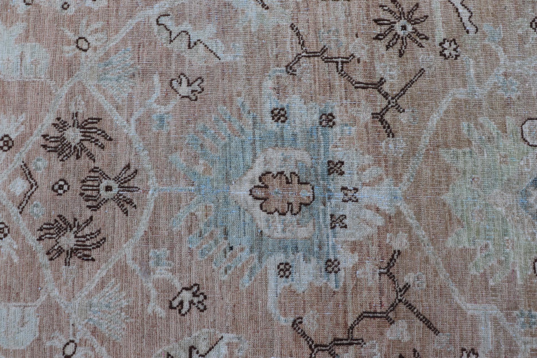 Wool Oushak Rug with a Warm Apricot Base and Accents of Sky Blue, Ivory 3'3 x 5'0 For Sale