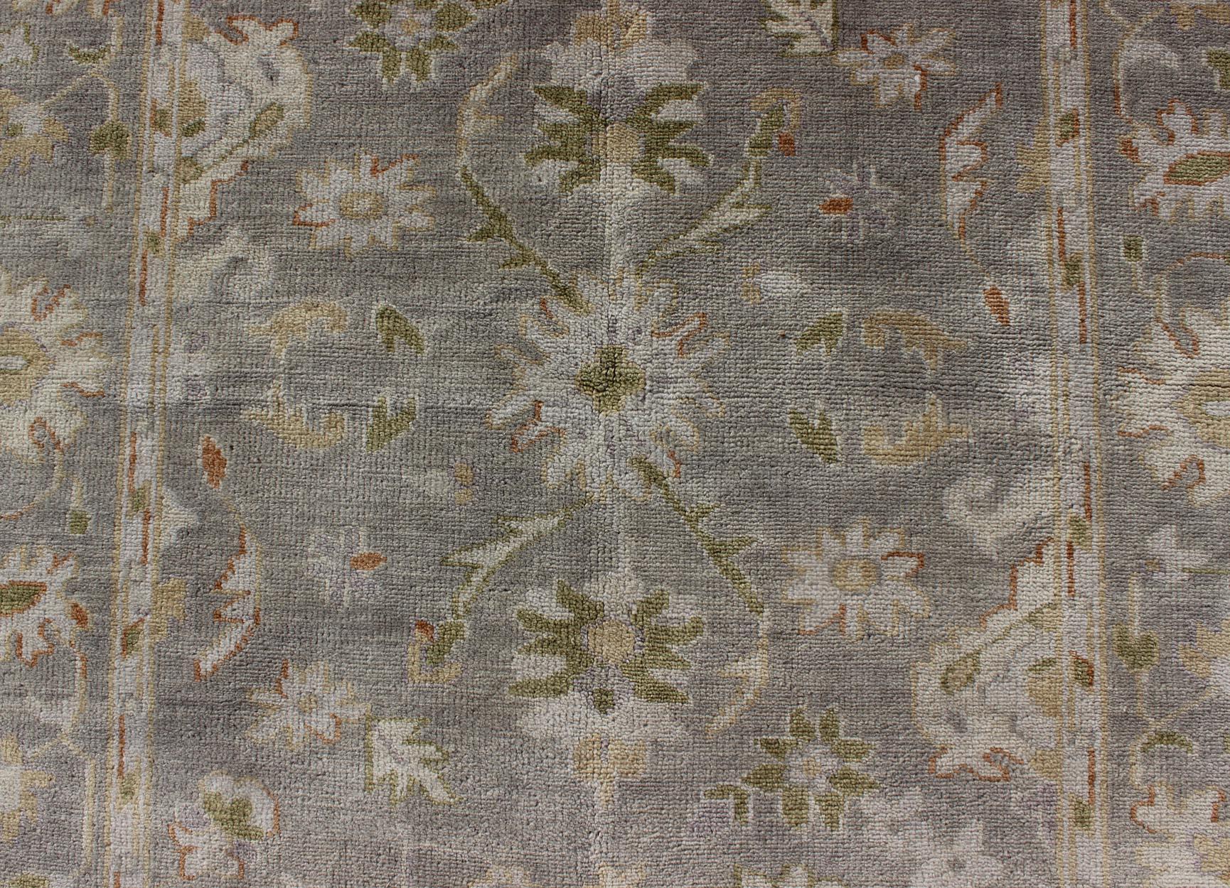 Oushak Rug with Floral Design in Gray Background, Chartreus Green, Cream, Red In New Condition For Sale In Atlanta, GA