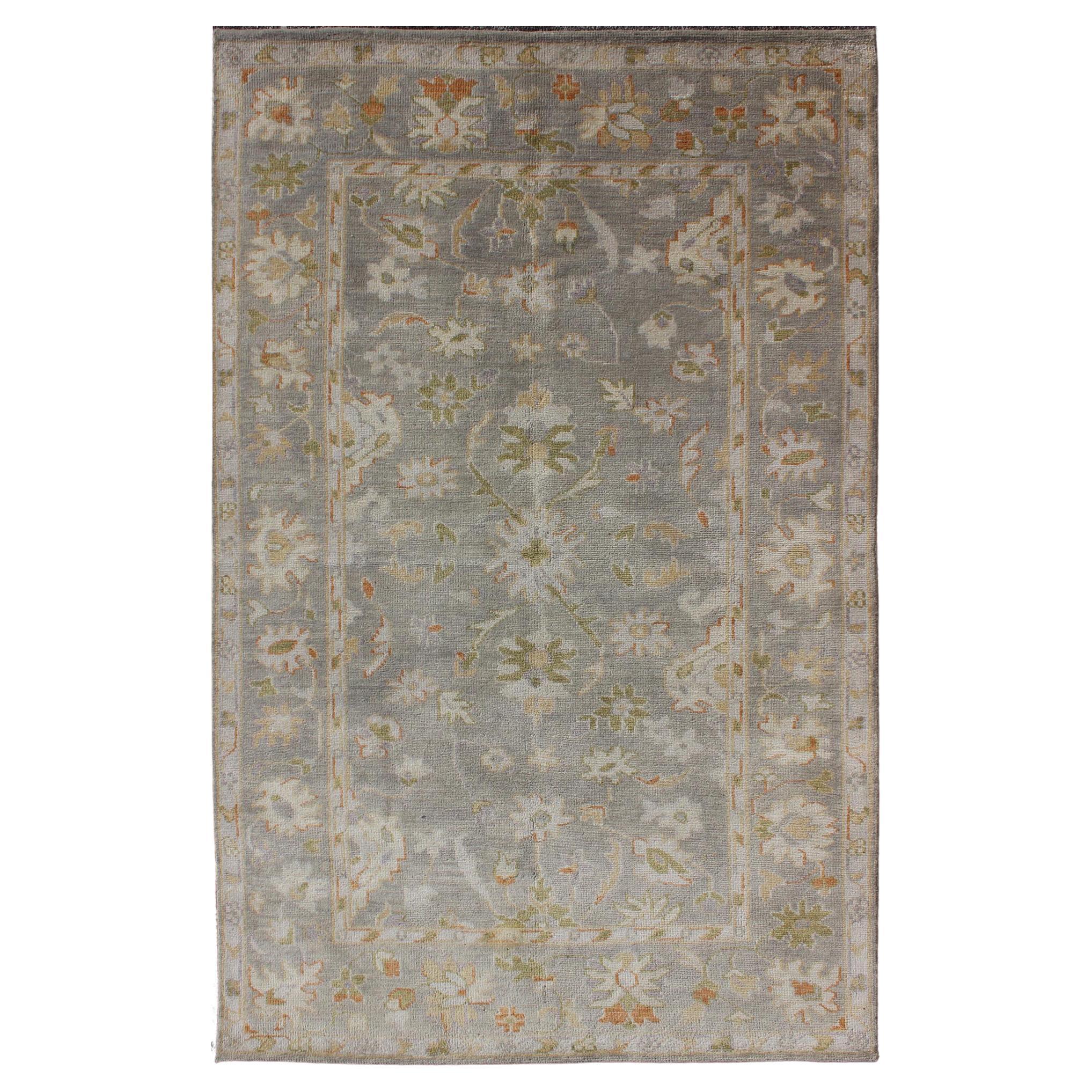 Oushak Rug with Floral Design in Gray Background, Chartreus Green, Cream, Red