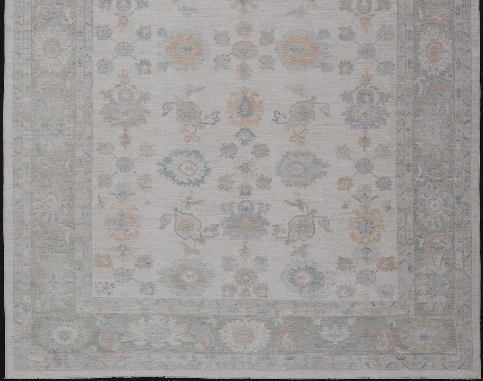 Oushak Rug with Ivory Soft Pastel Accents in Sage, Peach, and Blue 12'3 x 17'10 For Sale 3