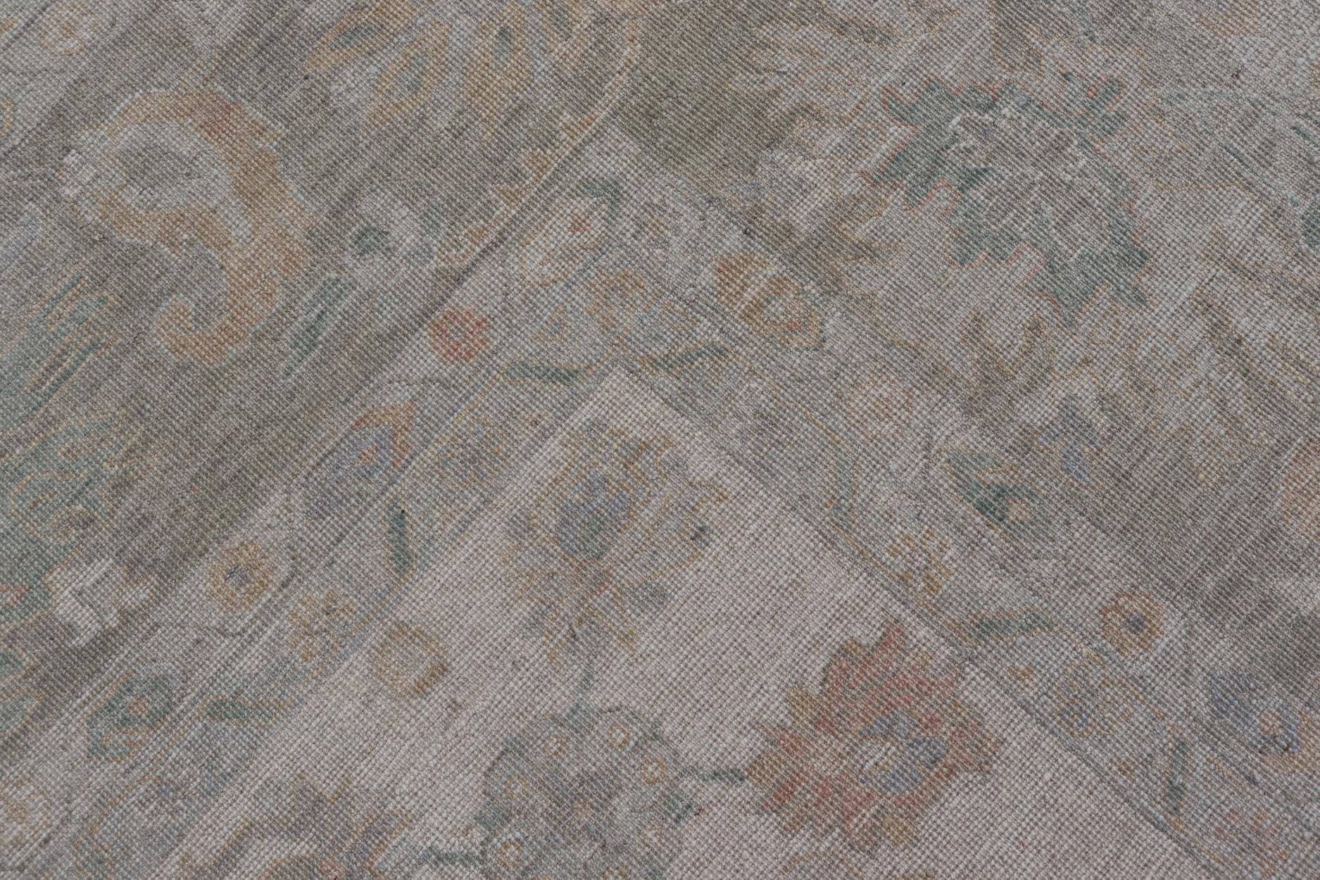 Oushak Rug with Ivory Soft Pastel Accents in Sage, Peach, and Blue 12'3 x 17'10 For Sale 4