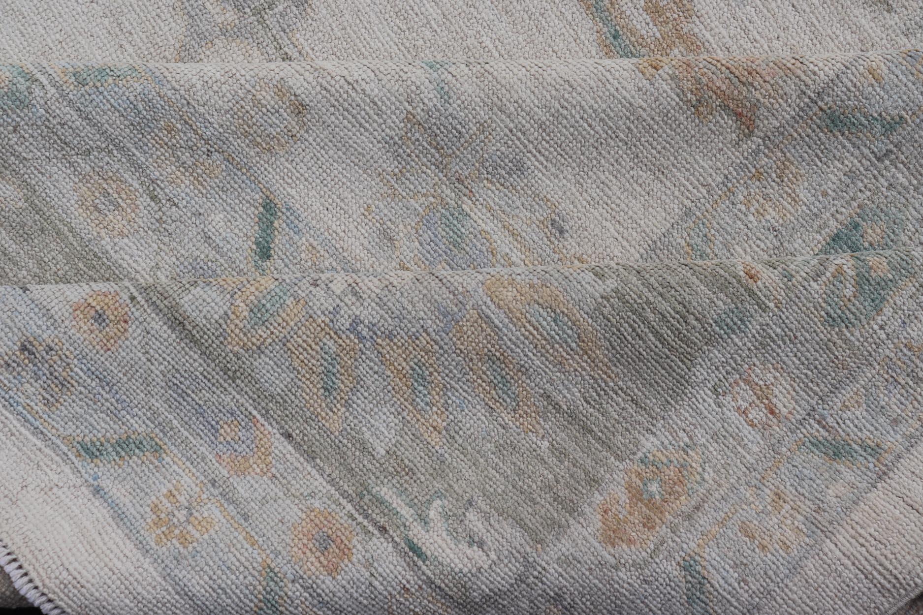 Oushak Rug with Ivory Soft Pastel Accents in Sage, Peach, and Blue 12'3 x 17'10 For Sale 5