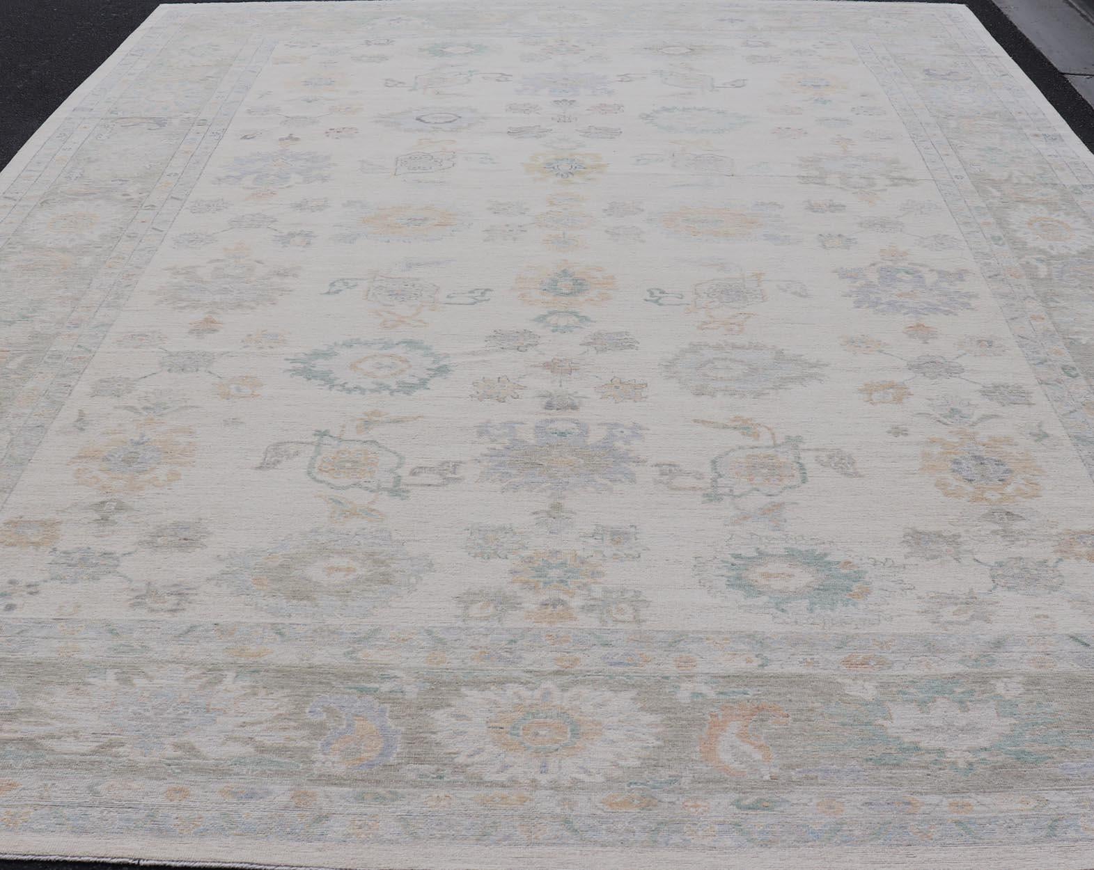 Oushak Rug with Ivory Soft Pastel Accents in Sage, Peach, and Blue 12'3 x 17'10 For Sale 7