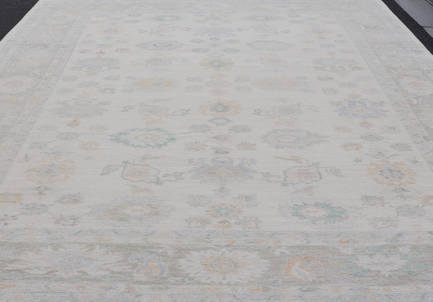 Oushak Rug with Ivory Soft Pastel Accents in Sage, Peach, and Blue 12'3 x 17'10 For Sale 8