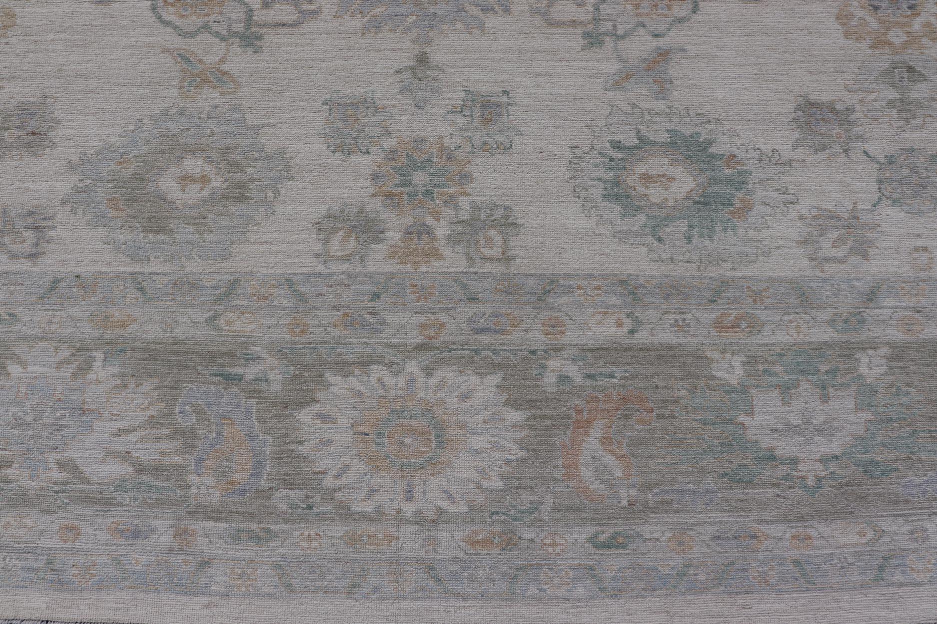 Afghan Oushak Rug with Ivory Soft Pastel Accents in Sage, Peach, and Blue 12'3 x 17'10 For Sale