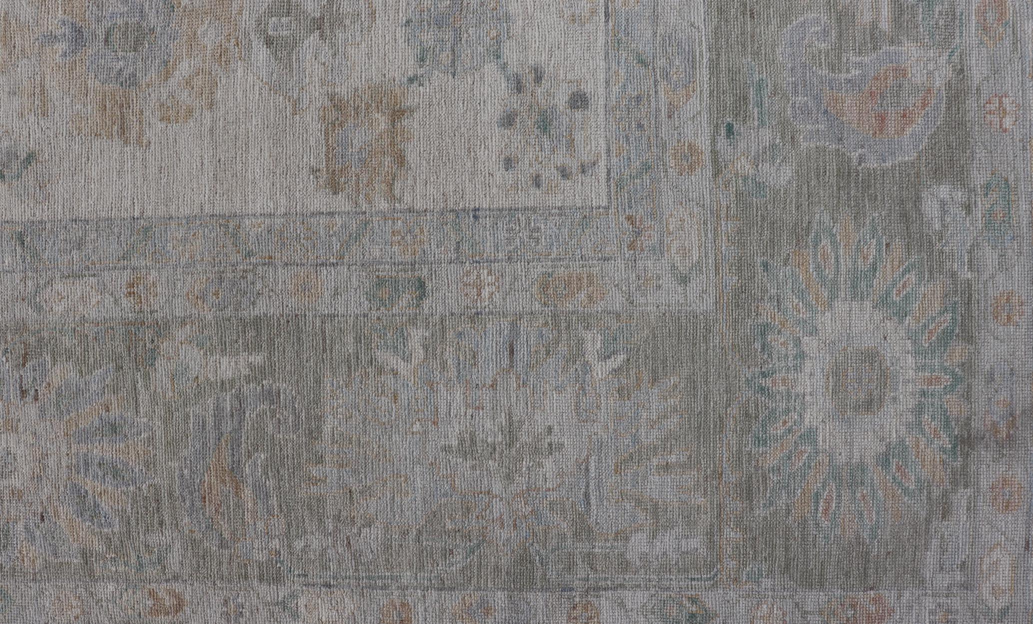 Hand-Knotted Oushak Rug with Ivory Soft Pastel Accents in Sage, Peach, and Blue 12'3 x 17'10 For Sale
